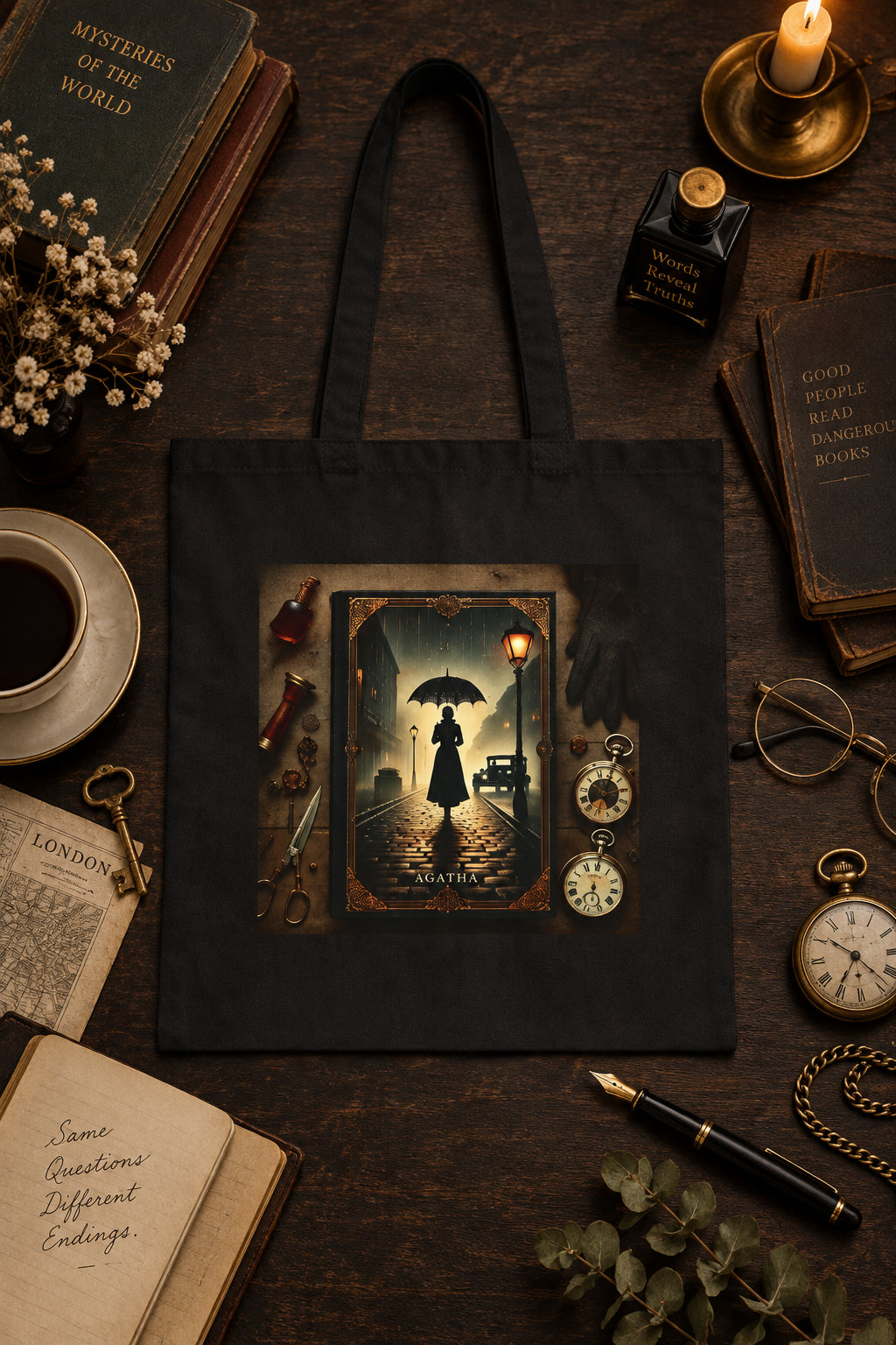 Agatha mystery book tote bag in black flat lay with coffee books and vintage detective accessories