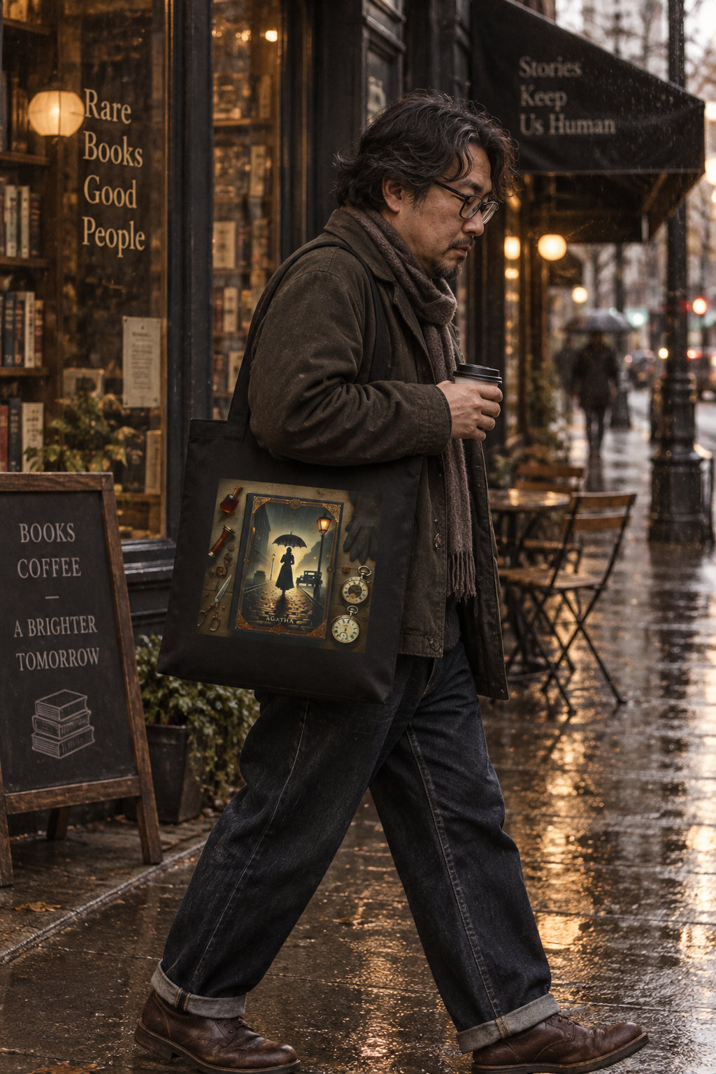 Person carrying Agatha mystery book tote bag in black outside a bookshop on a rainy street