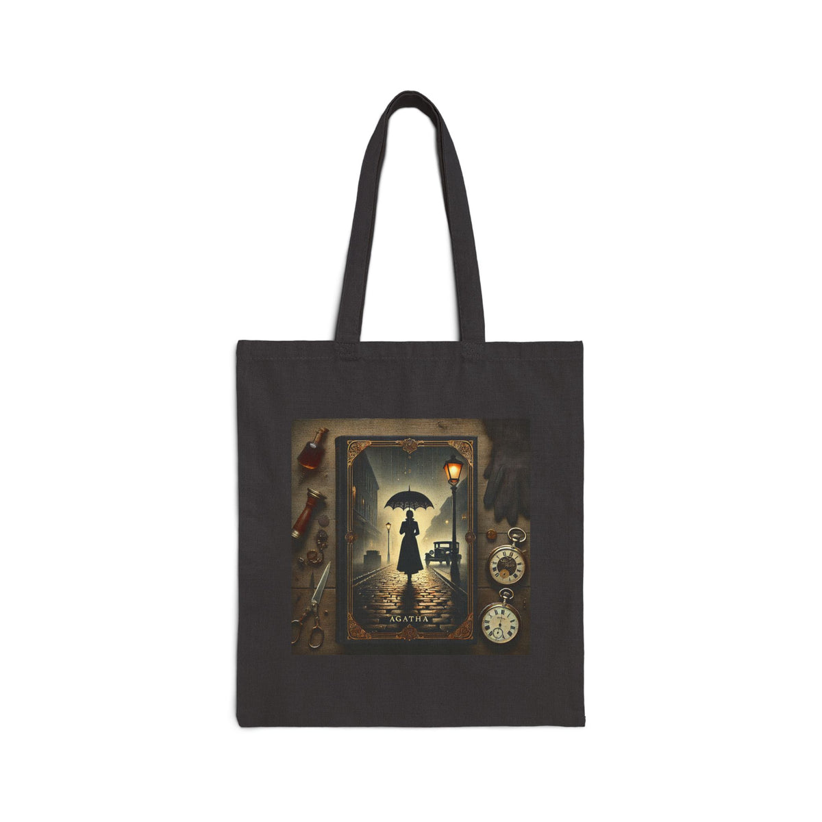 Agatha mystery book tote bag in black with vintage mystery novel artwork