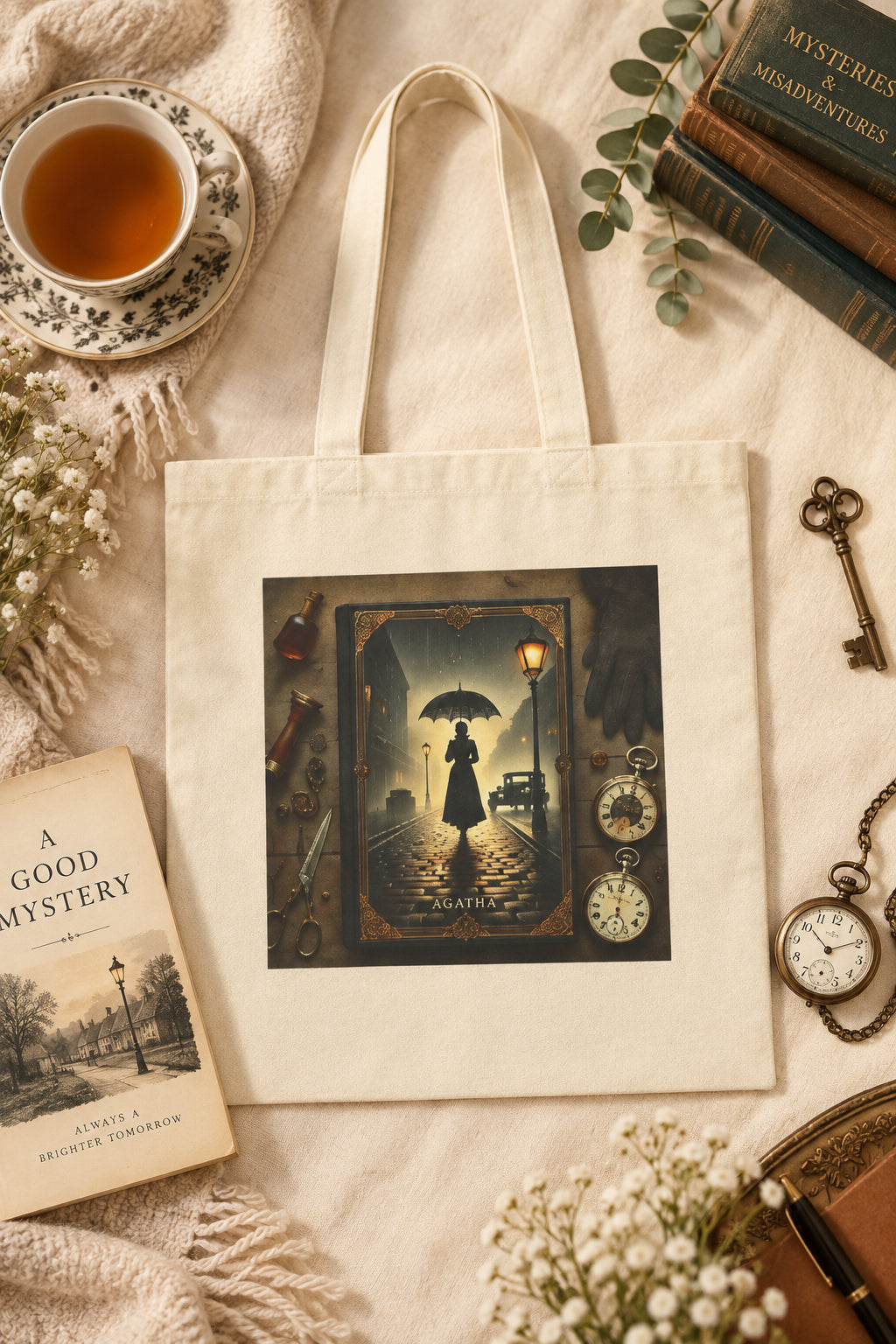 Agatha mystery book tote bag in natural canvas flat lay with books and vintage accessories