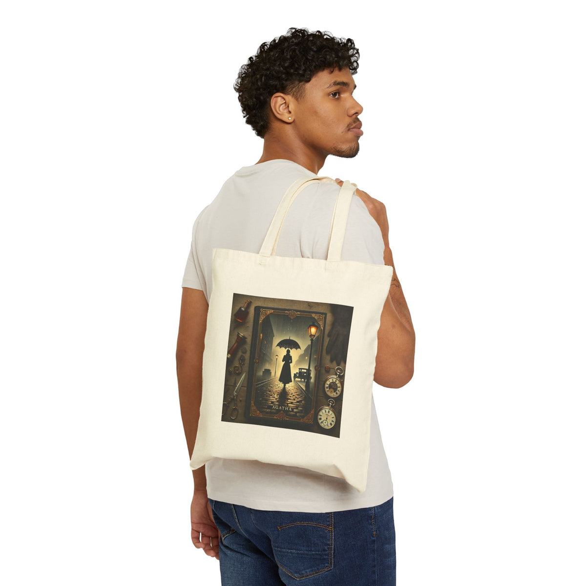 Male model carrying Agatha mystery book tote bag in natural canvas