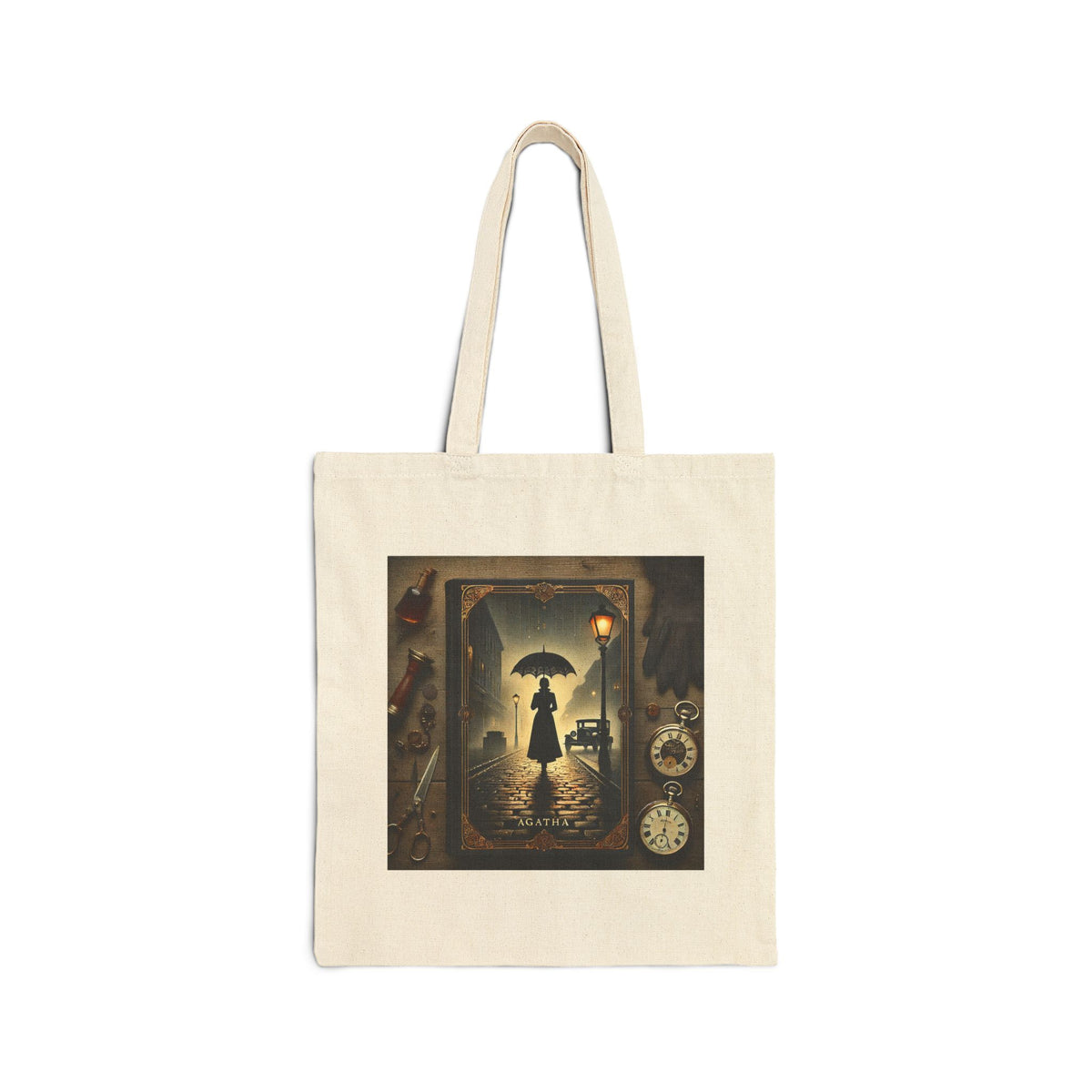 Agatha mystery book tote bag in natural canvas with vintage detective novel artwork