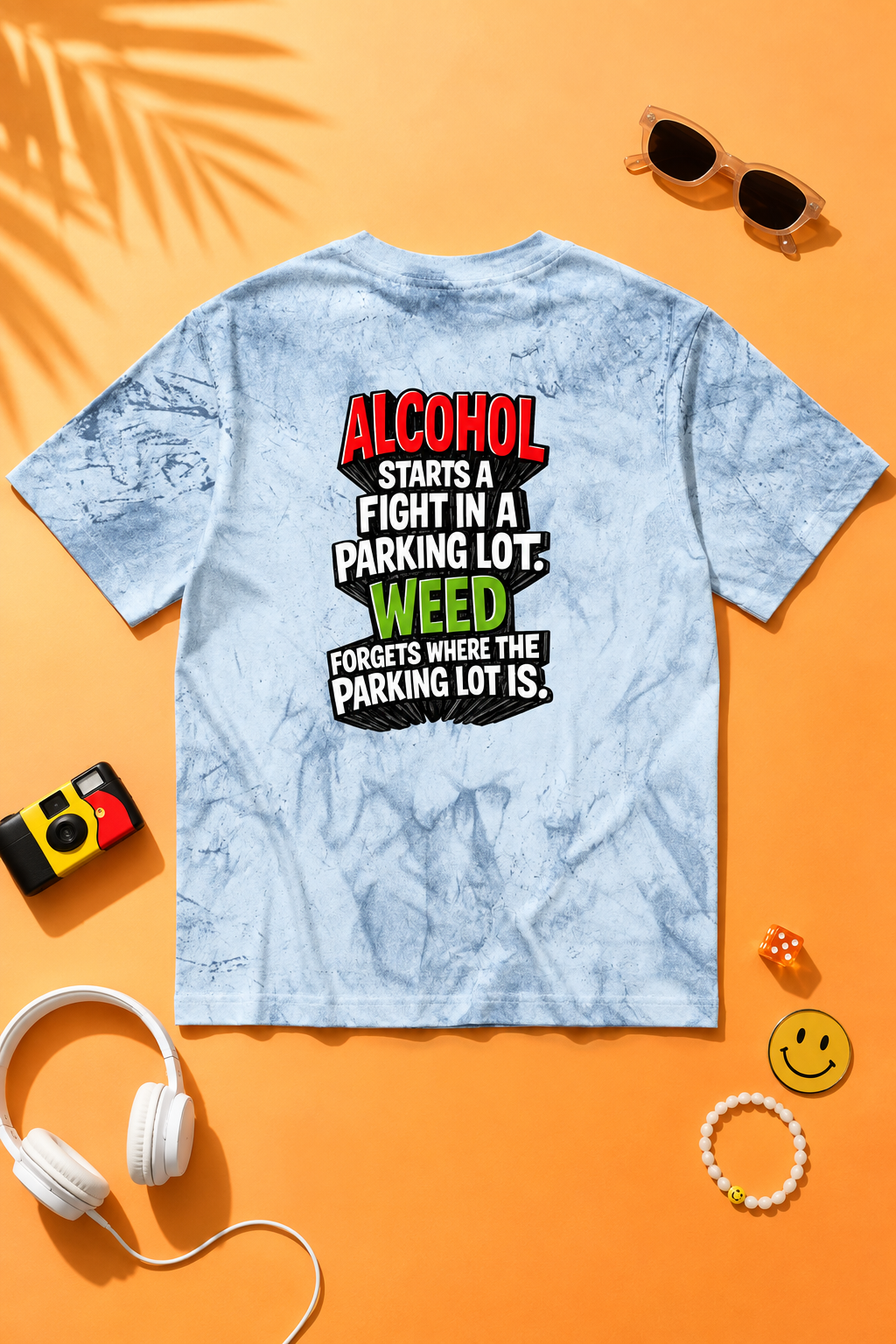 Blue Alcohol vs Weed graphic tie-dye T-shirt rear view in orange editorial flat lay