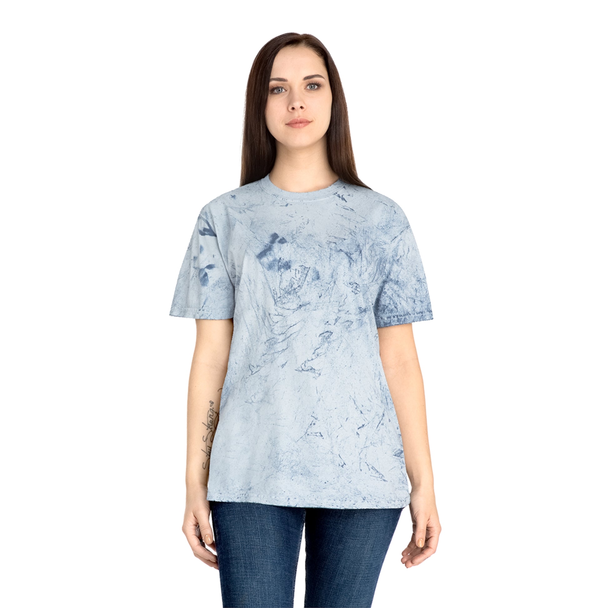 Woman modeling blue Alcohol vs Weed tie-dye graphic T-shirt front view