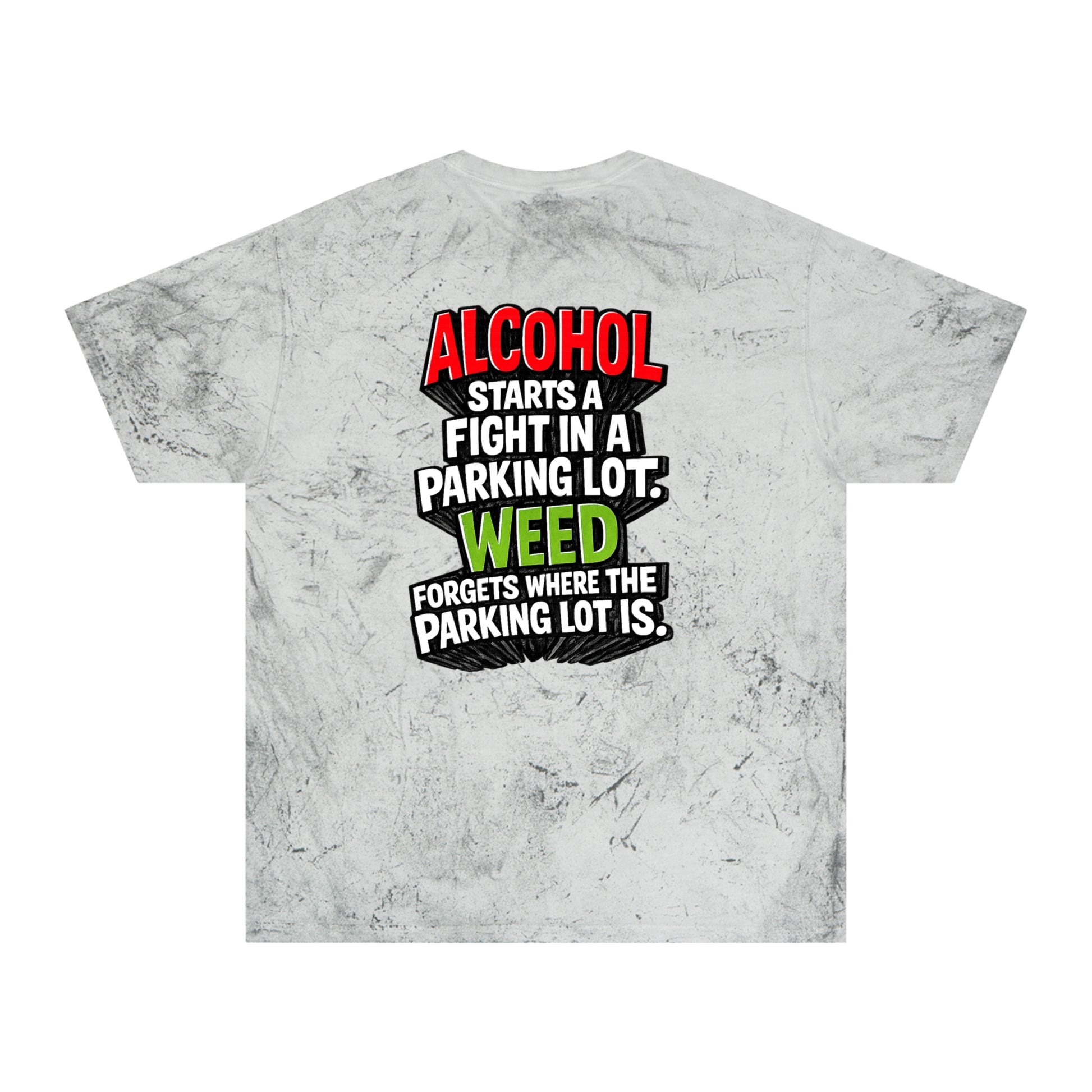 Gray Alcohol vs Weed graphic tie-dye T-shirt back product view