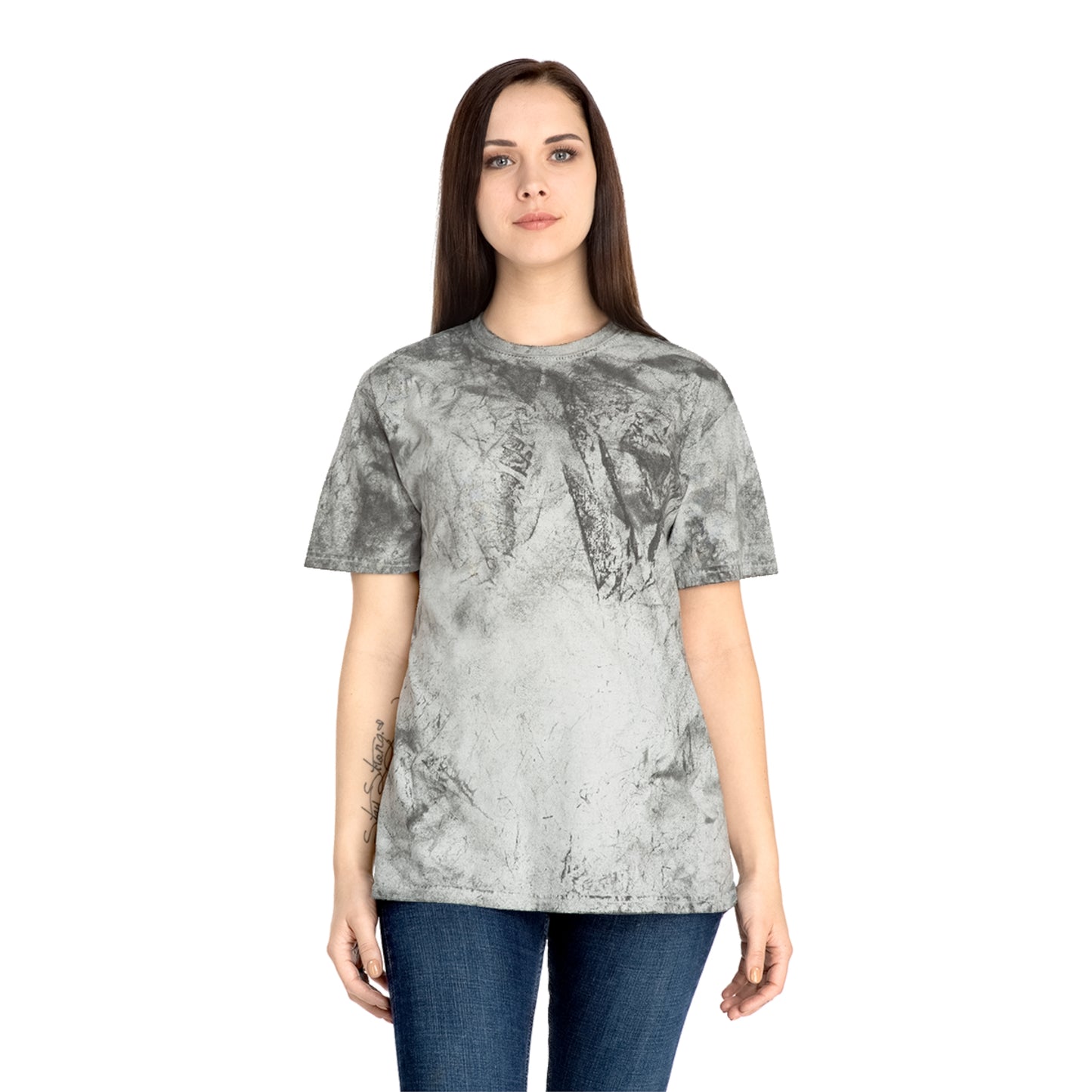 Woman modeling gray tie-dye Alcohol vs Weed graphic T-shirt front view