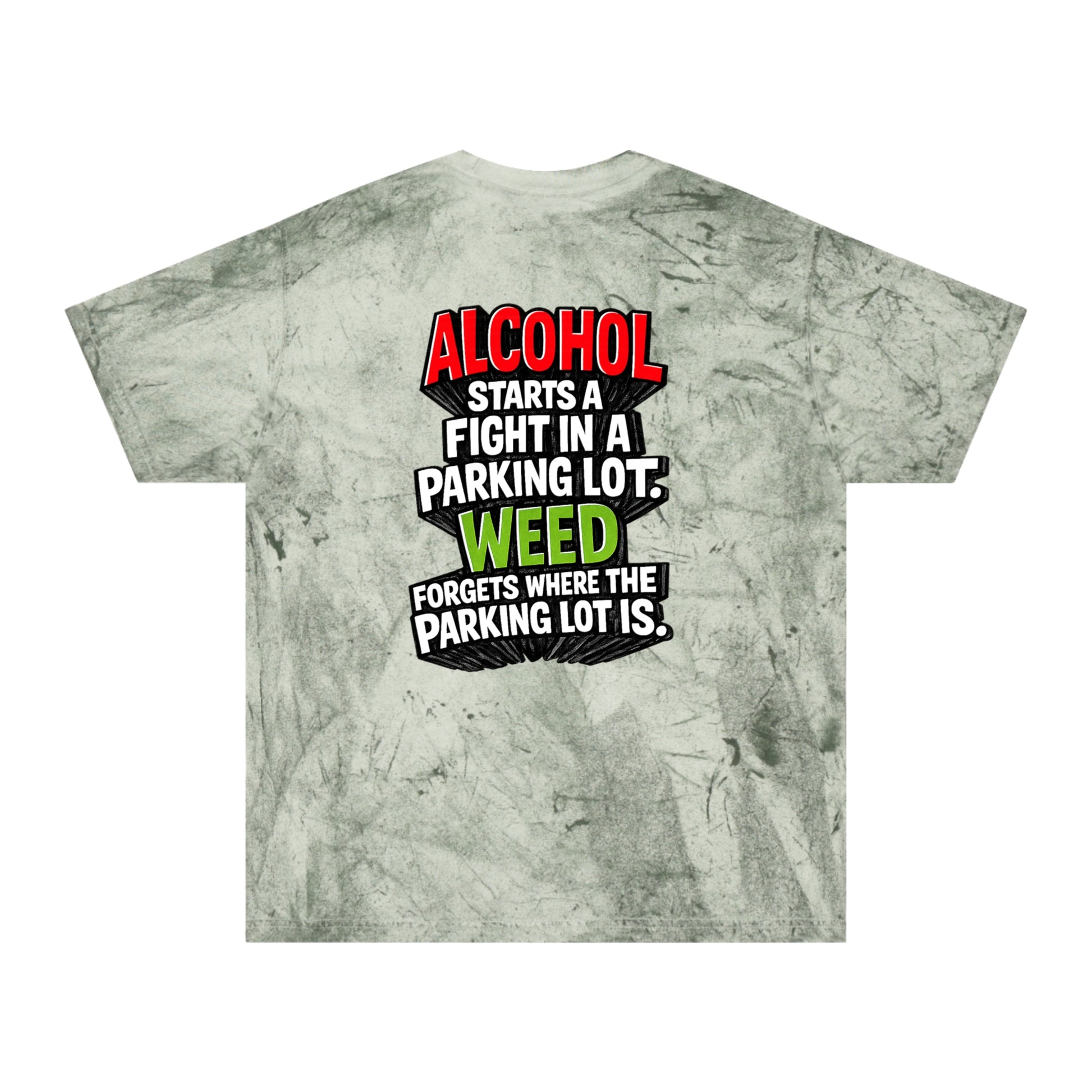 Green Alcohol vs Weed graphic tie-dye T-shirt back product view