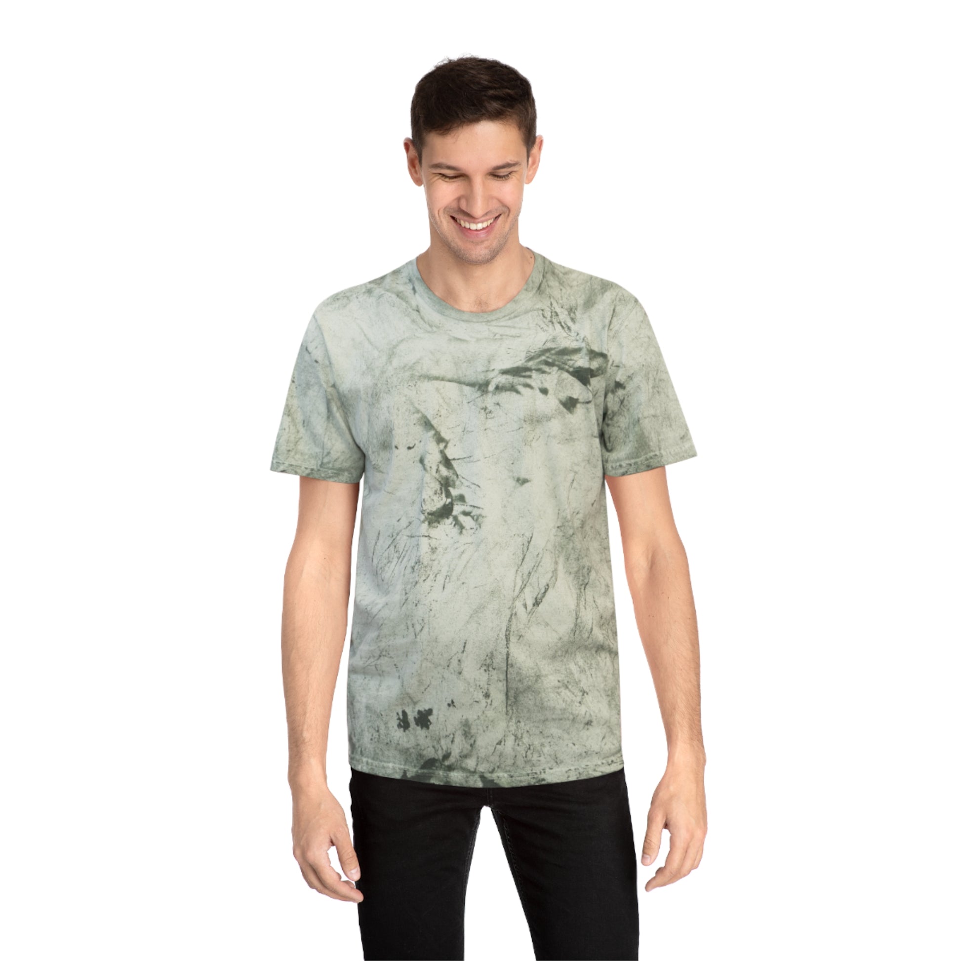 Male model wearing green tie-dye Alcohol vs Weed T-shirt front view