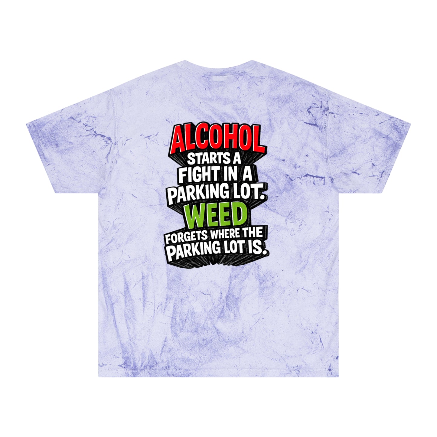 Lavender Alcohol vs Weed graphic tie-dye T-shirt back product view