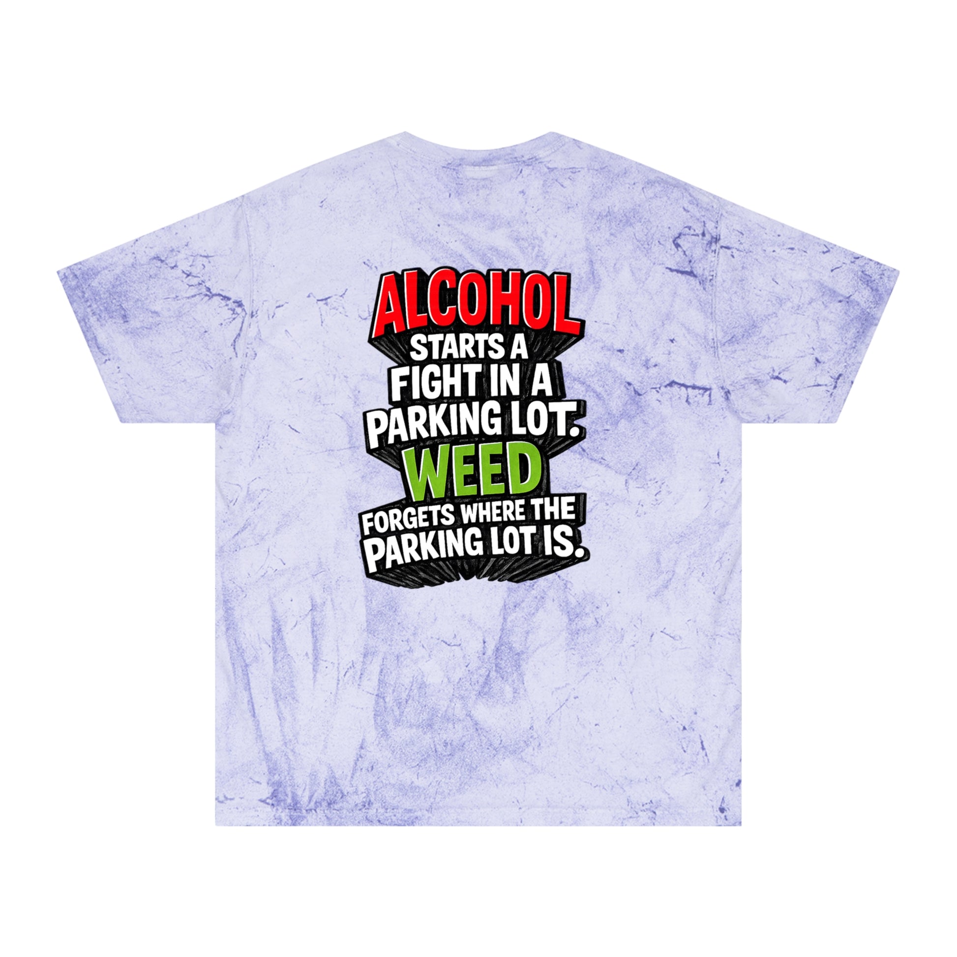 Lavender Alcohol vs Weed graphic tie-dye T-shirt back product view