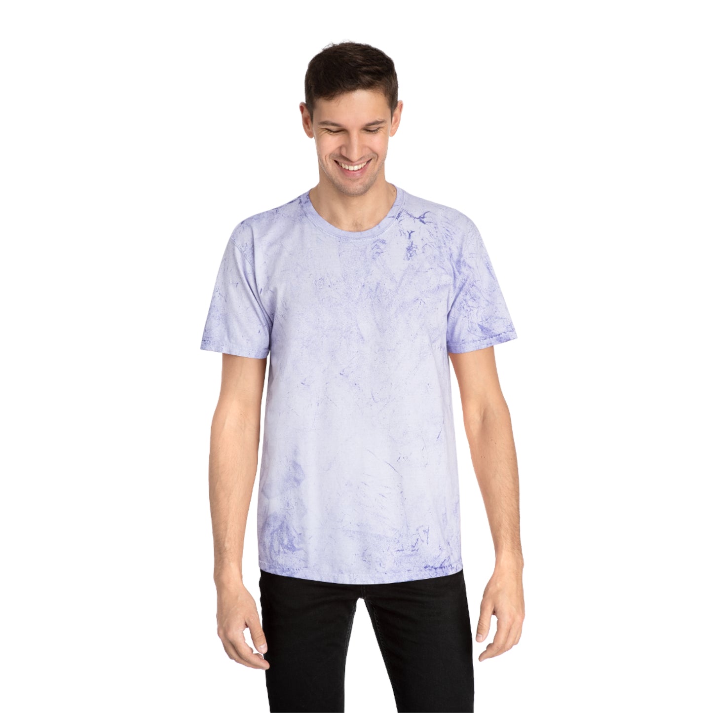 Male model wearing lavender tie-dye Alcohol vs Weed T-shirt front view