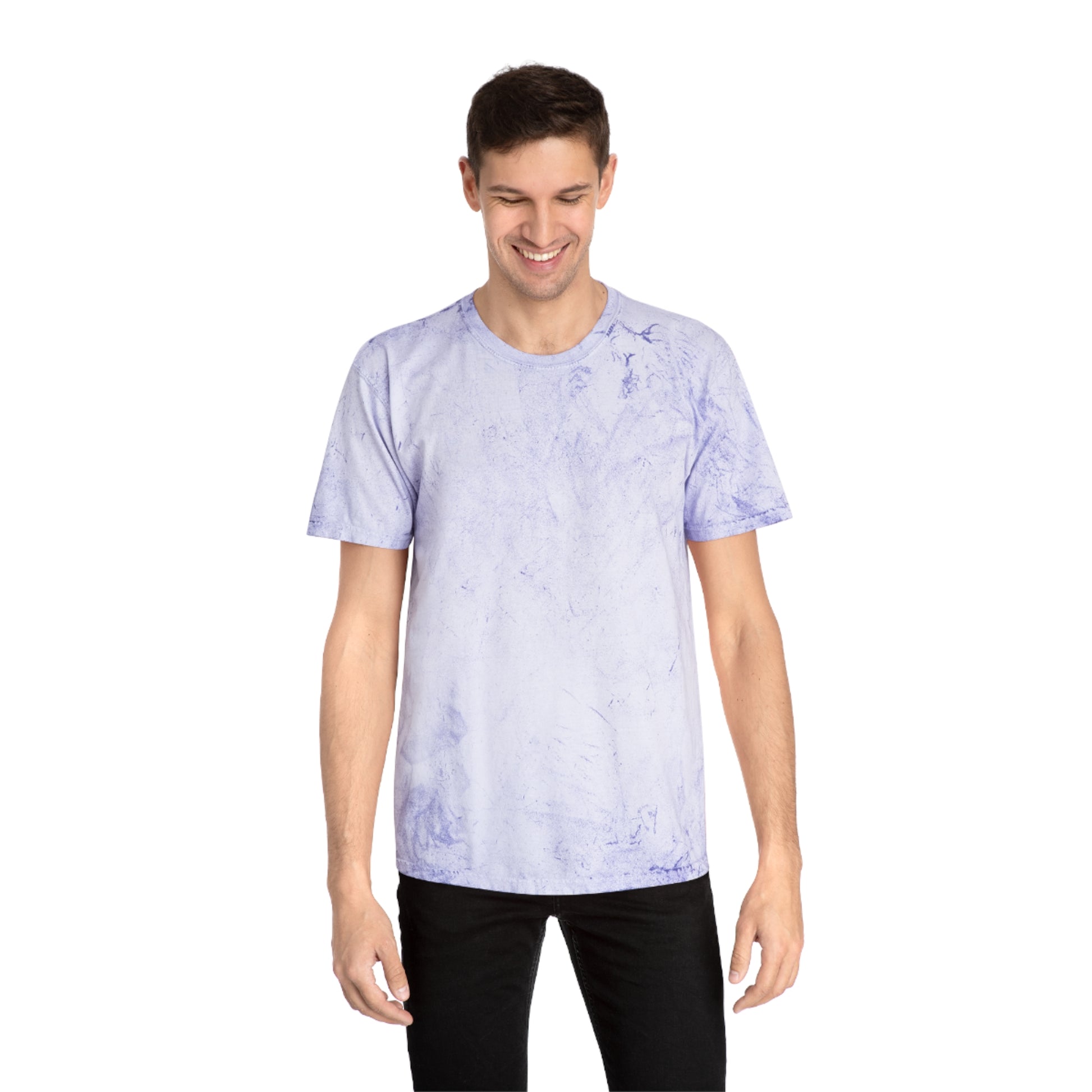 Male model wearing lavender tie-dye Alcohol vs Weed T-shirt front view