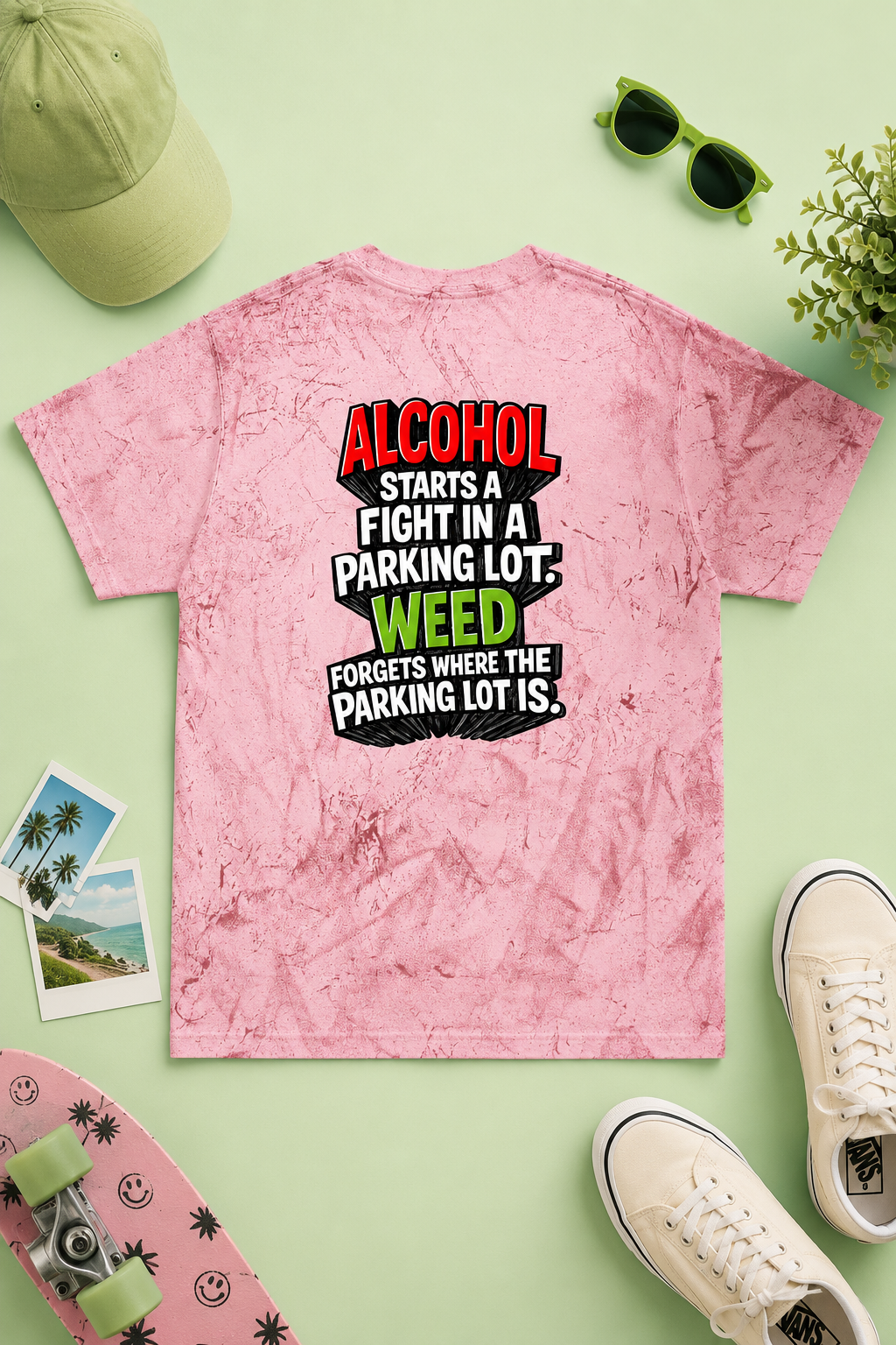 Pink Alcohol vs Weed tie-dye T-shirt back view in colorful lifestyle flat lay