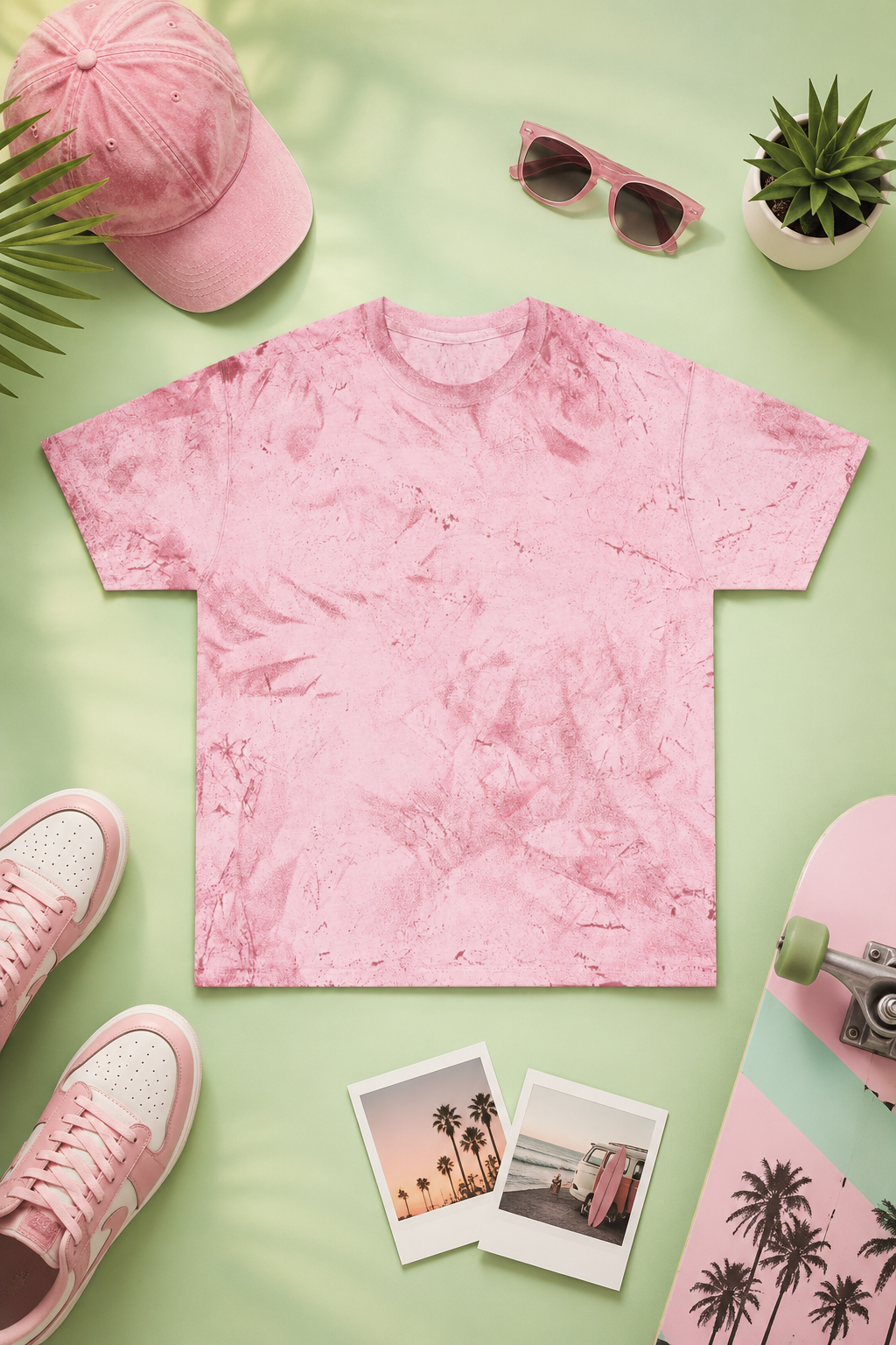 Pink tie-dye T-shirt front view in youthful editorial flat lay