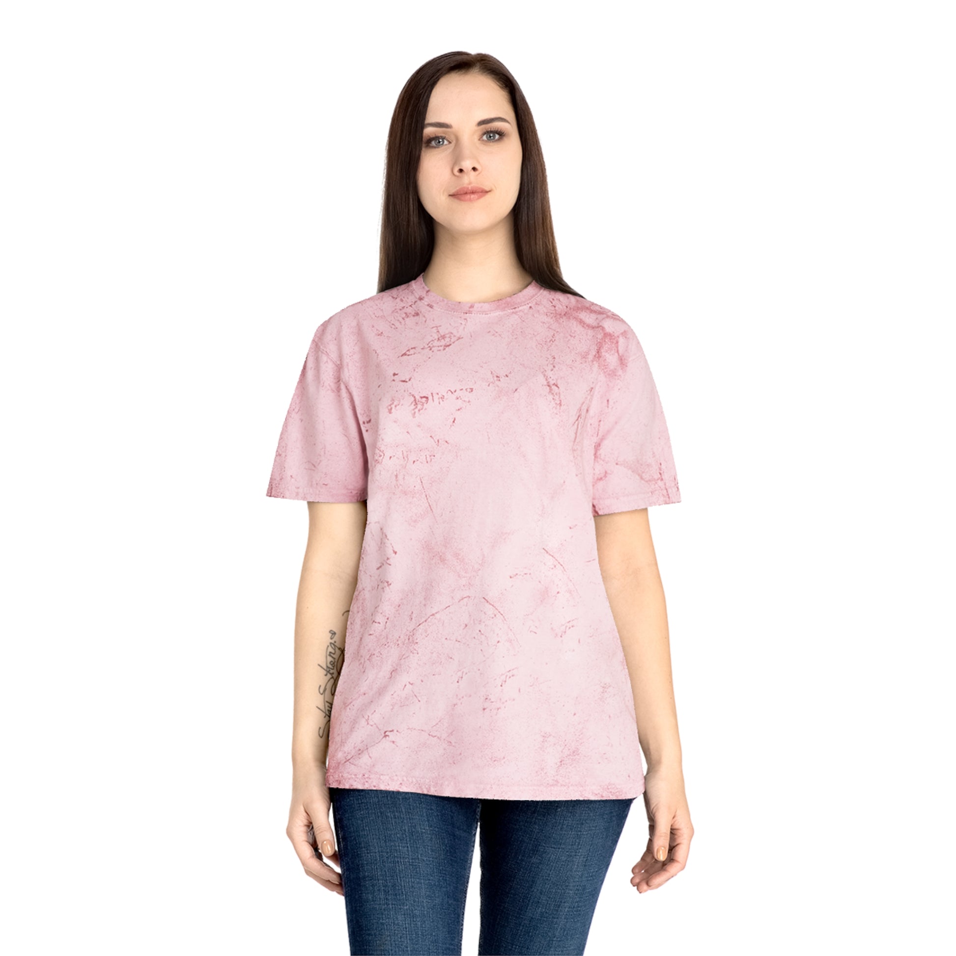 Woman modeling pink tie-dye Alcohol vs Weed T-shirt front view