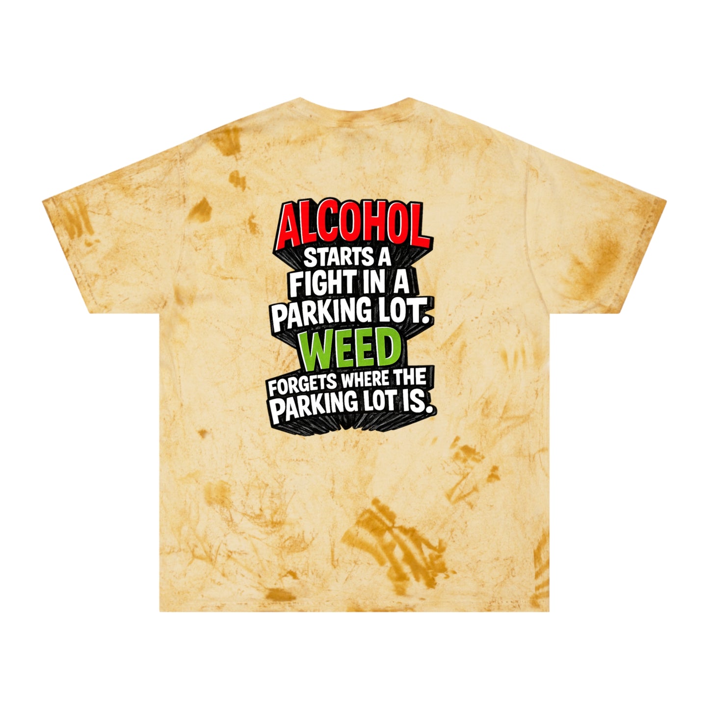 Yellow Alcohol vs Weed graphic tie-dye T-shirt back product view