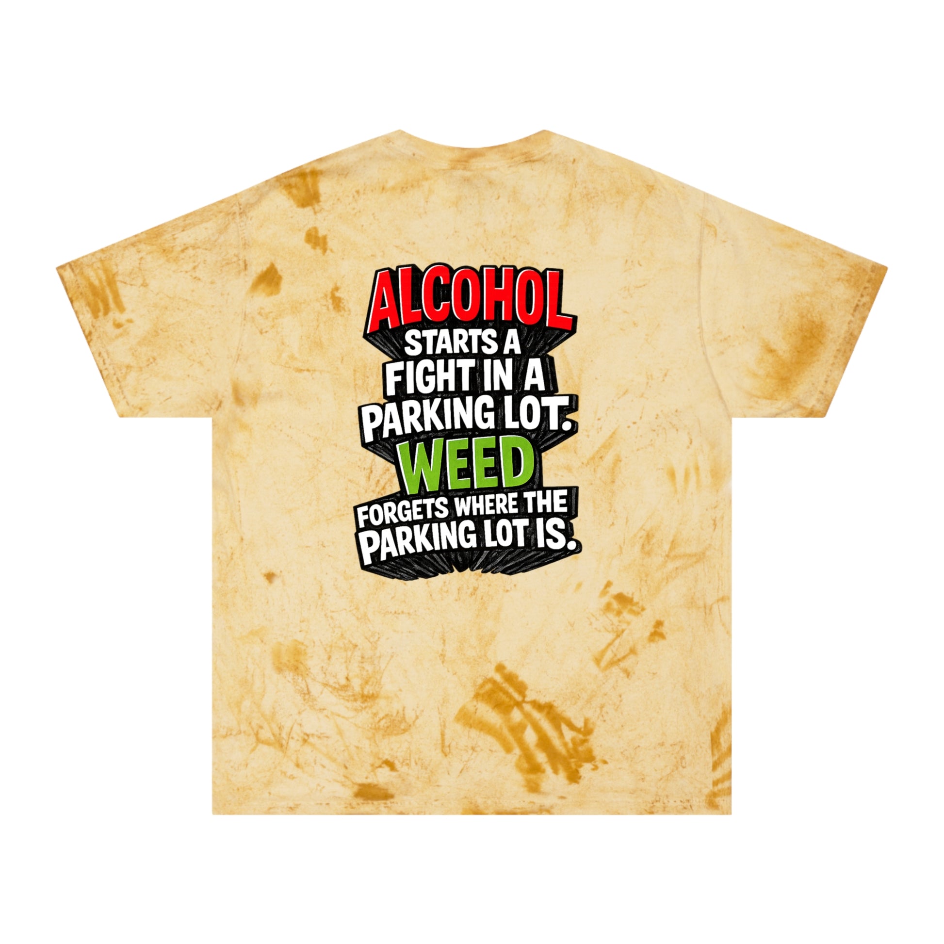 Yellow Alcohol vs Weed graphic tie-dye T-shirt back product view