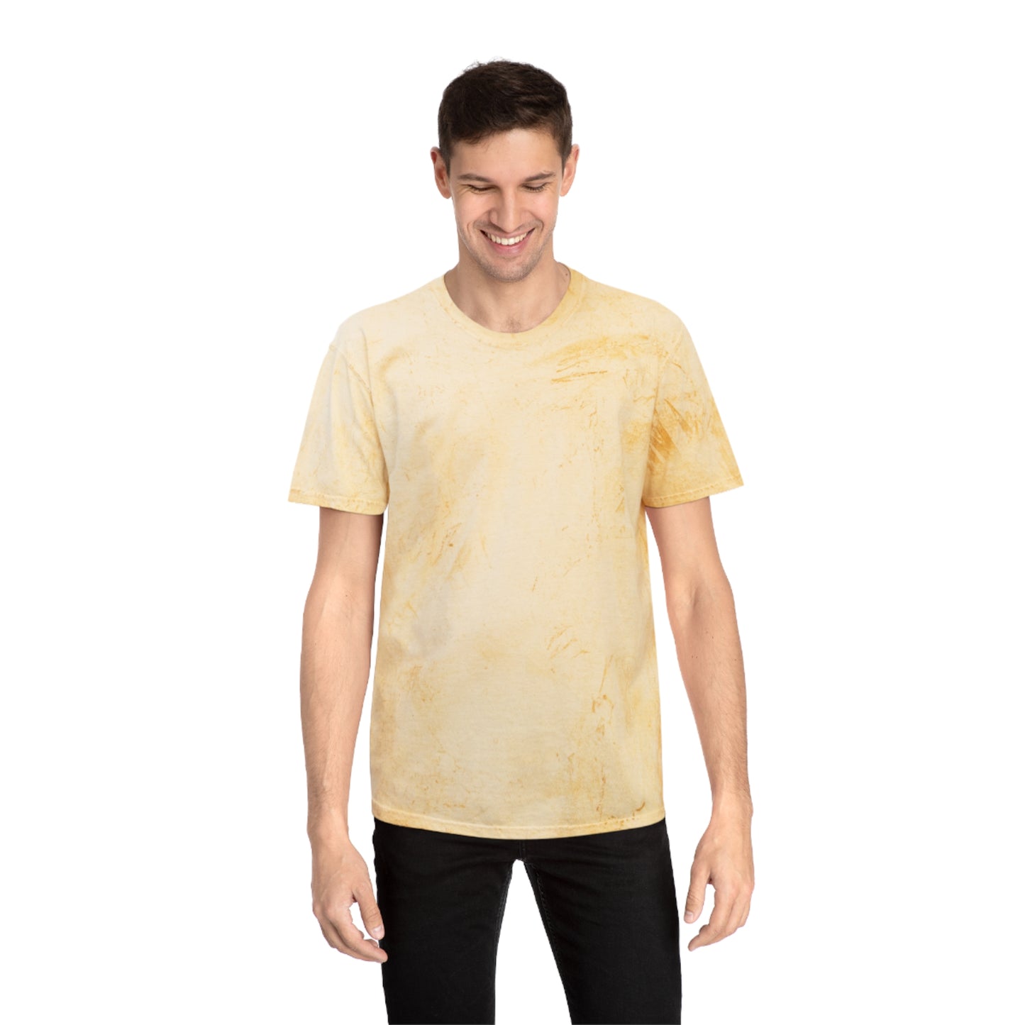 Male model wearing yellow tie-dye Alcohol vs Weed T-shirt front view