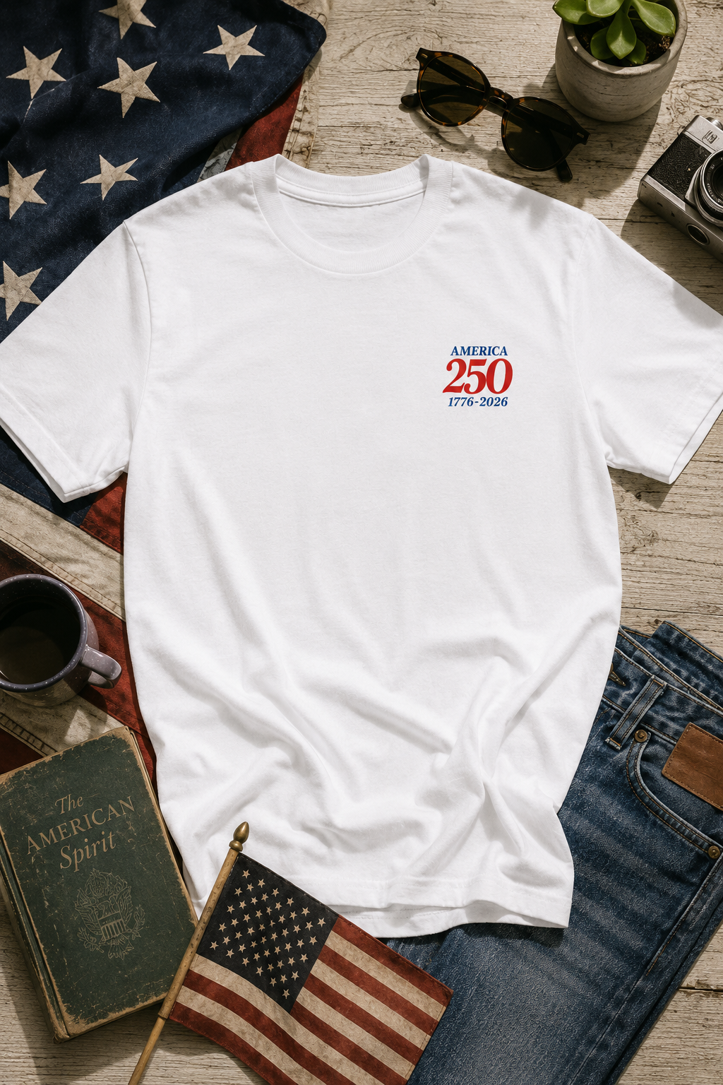 America 250 patriotic anniversary t-shirt flat lay with American flag accessories