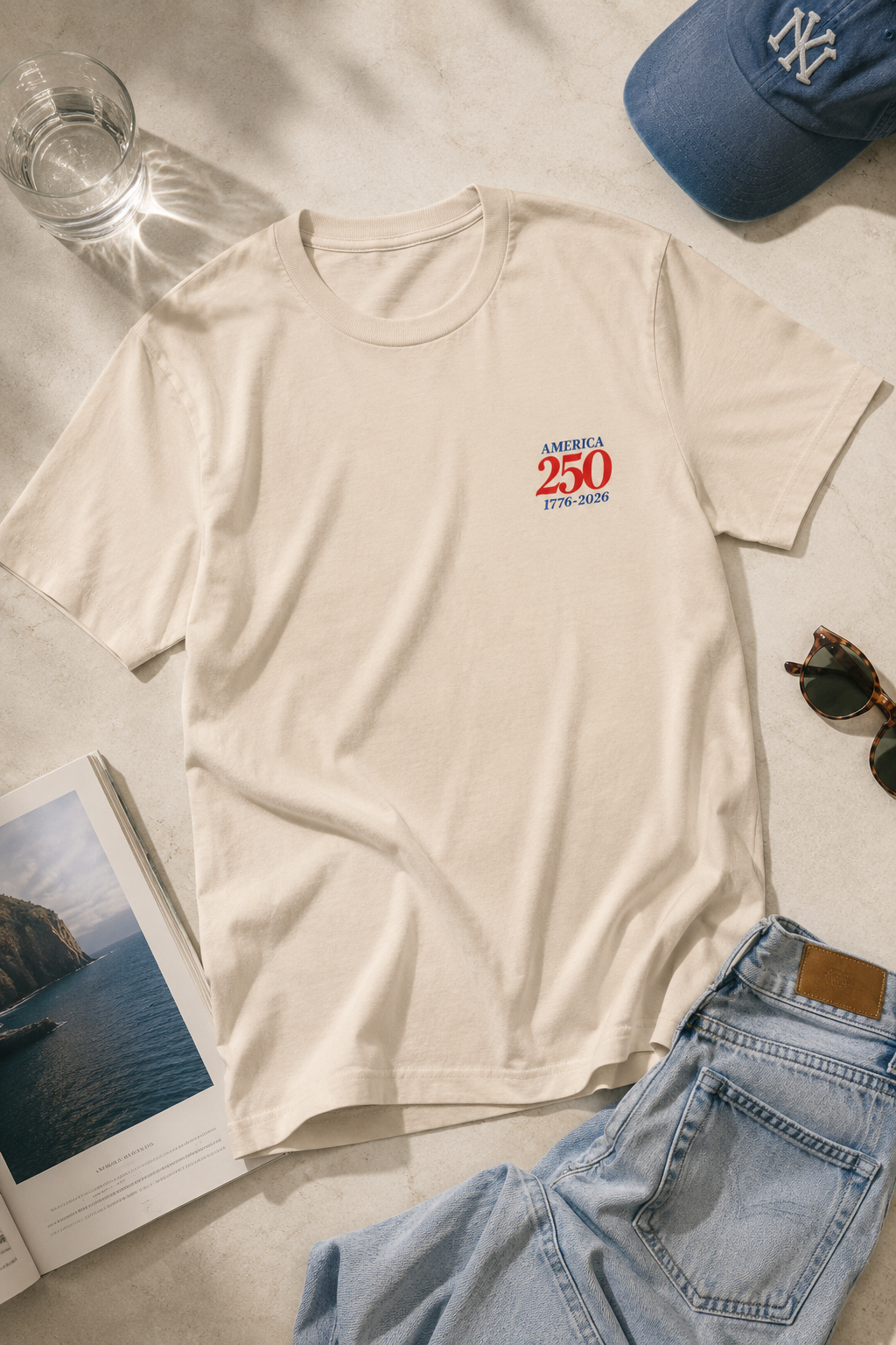 Cream America 250 patriotic anniversary t-shirt flat lay mockup