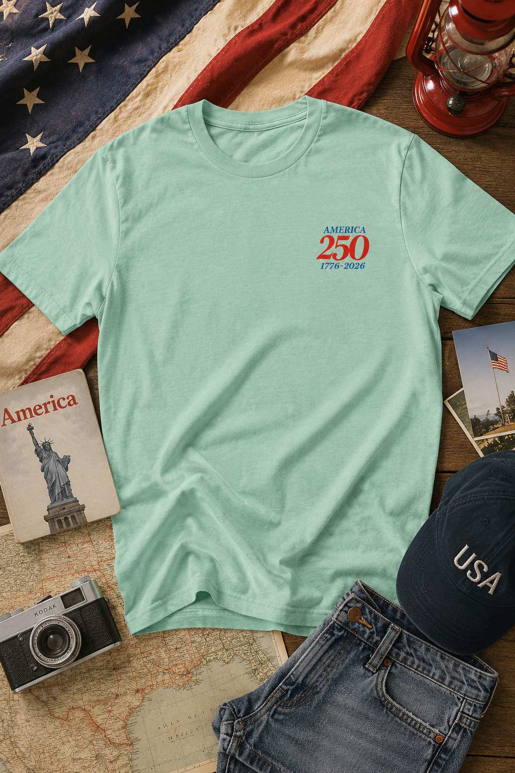Mint green America 250 patriotic t-shirt flat lay with Americana styling