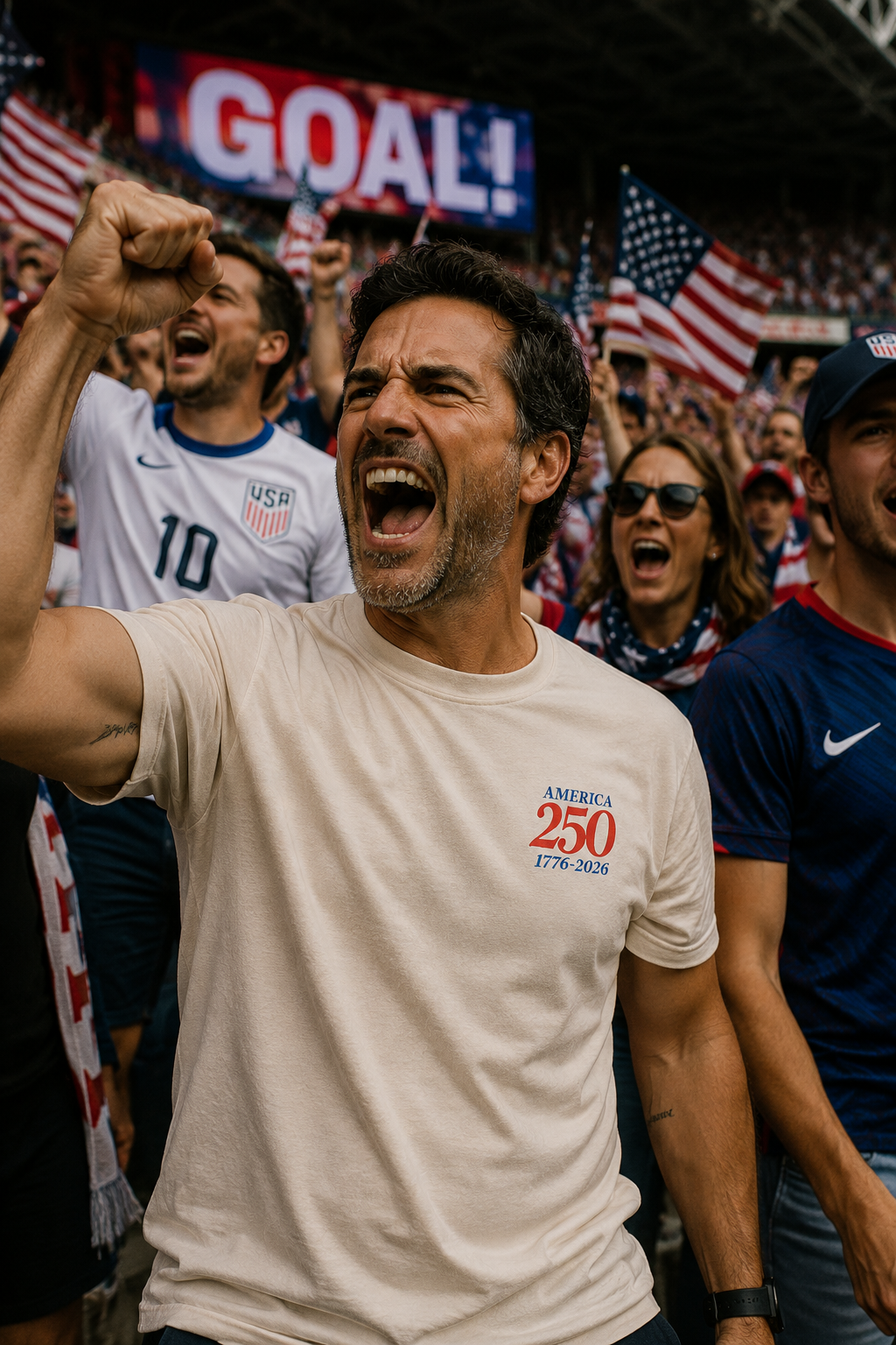 Male fan celebrating USA soccer goal wearing America 250 patriotic t-shirt