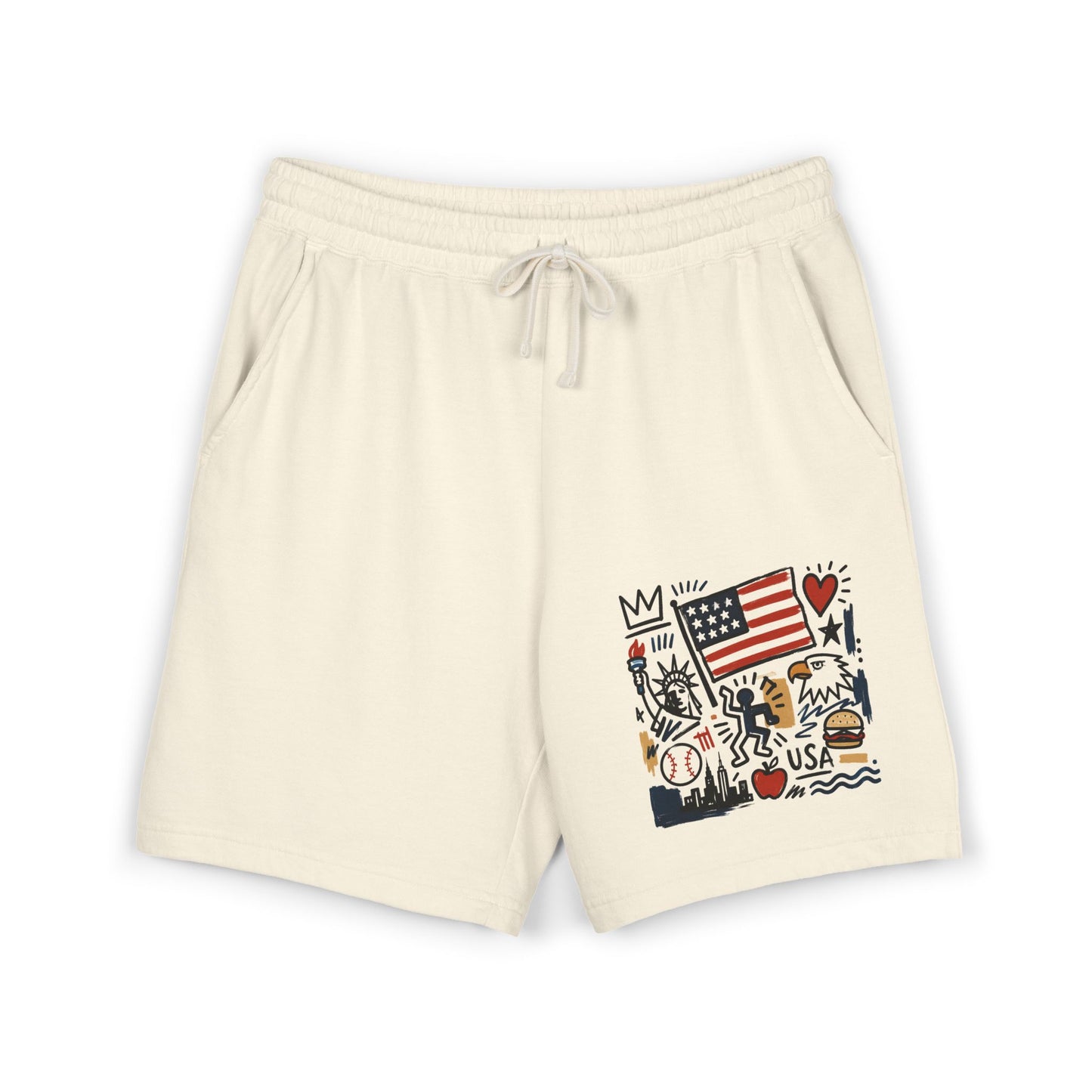 Natural cream America flag sweat shorts front product view