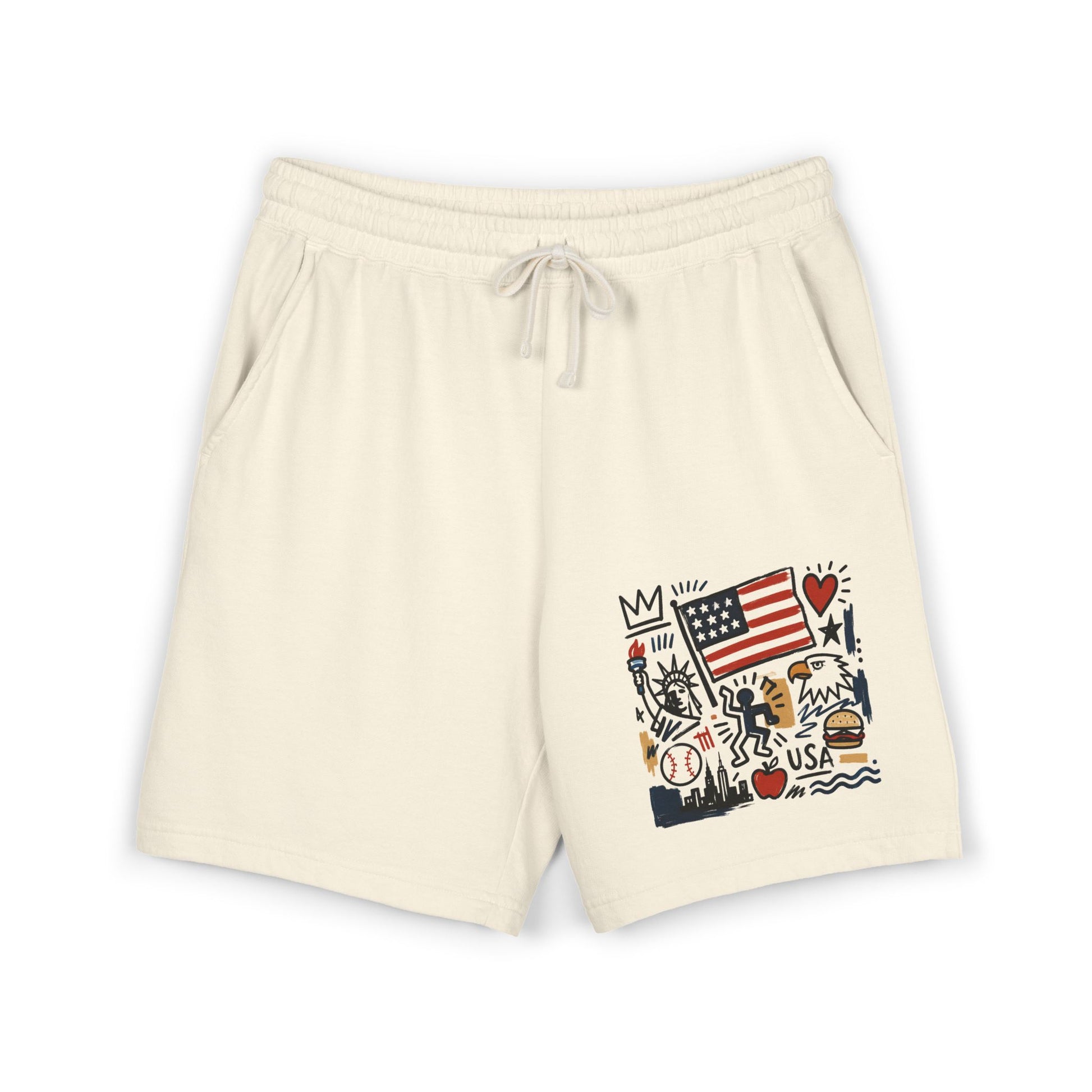 Natural cream America flag sweat shorts front product view
