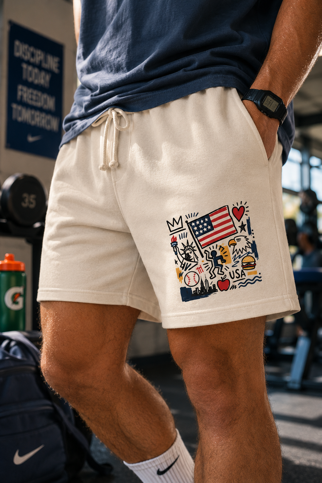 Close-up detail of cream America flag sweat shorts in gym environment