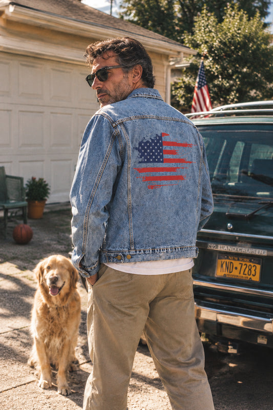 American flag men’s denim jacket worn by Gen X man in a suburban outdoor lifestyle scene