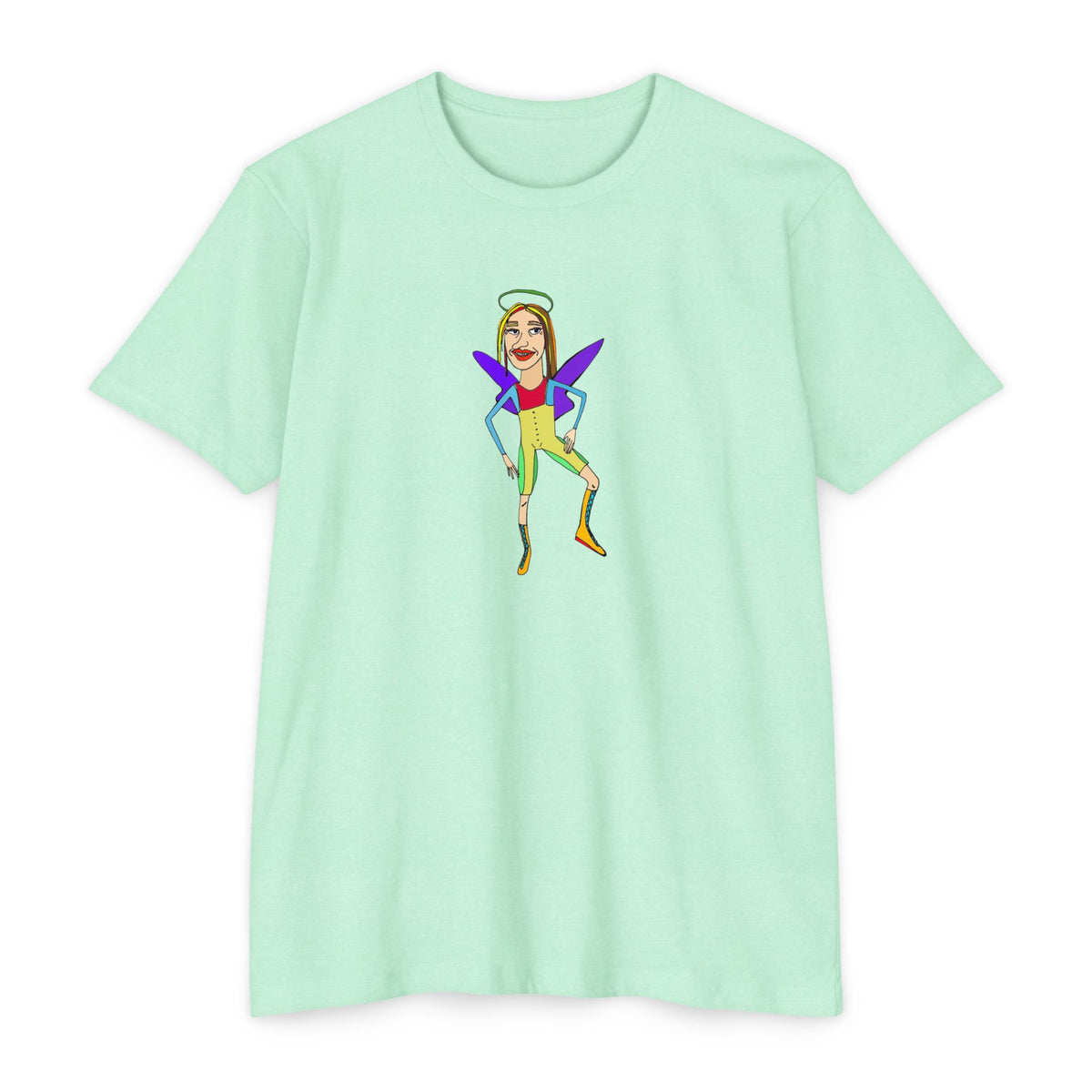 Angelic Sportsy graphic T-shirt in mint green with colorful angel character artwork, front view