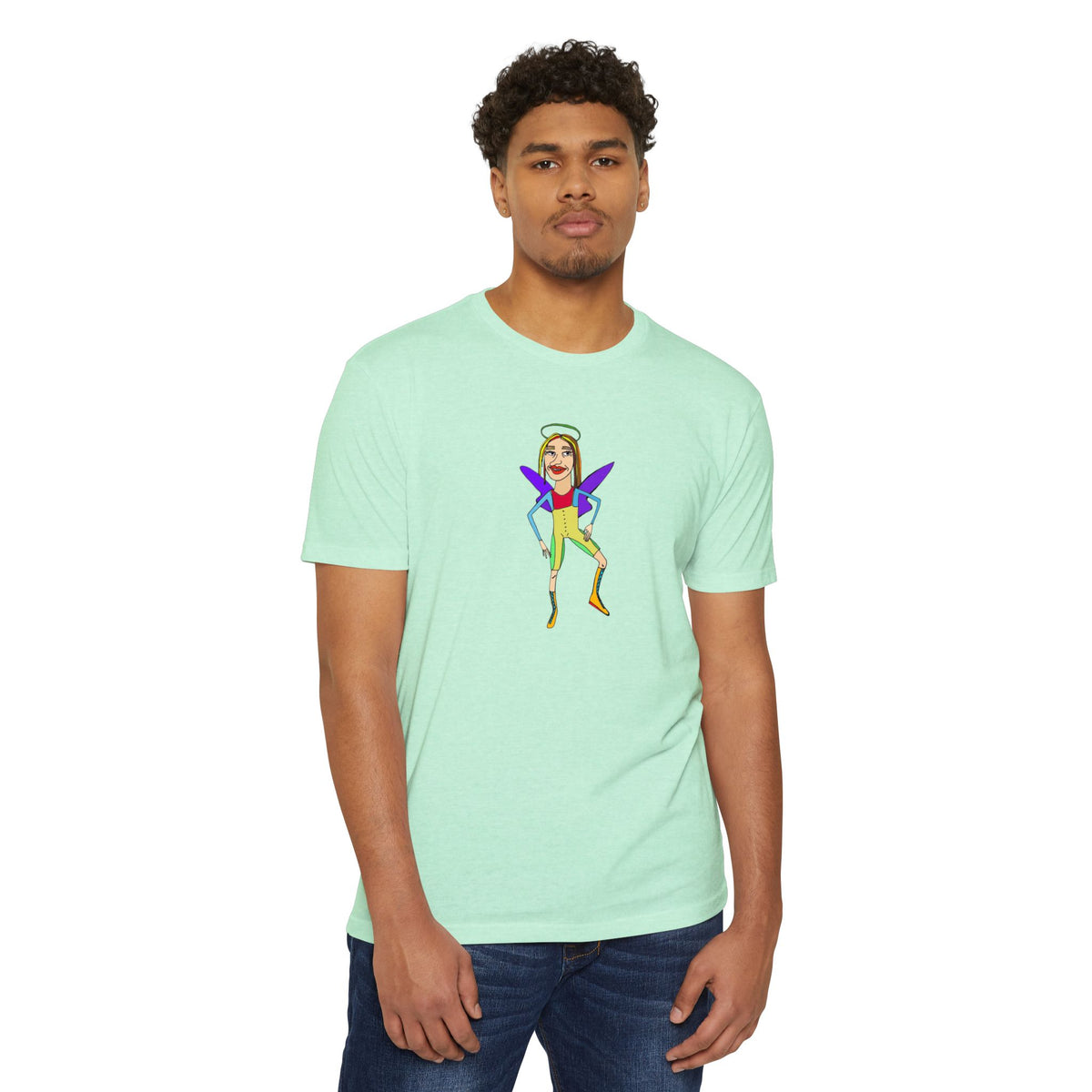 Man wearing the Angelic Sportsy graphic T-shirt in mint green with colorful angel artwork