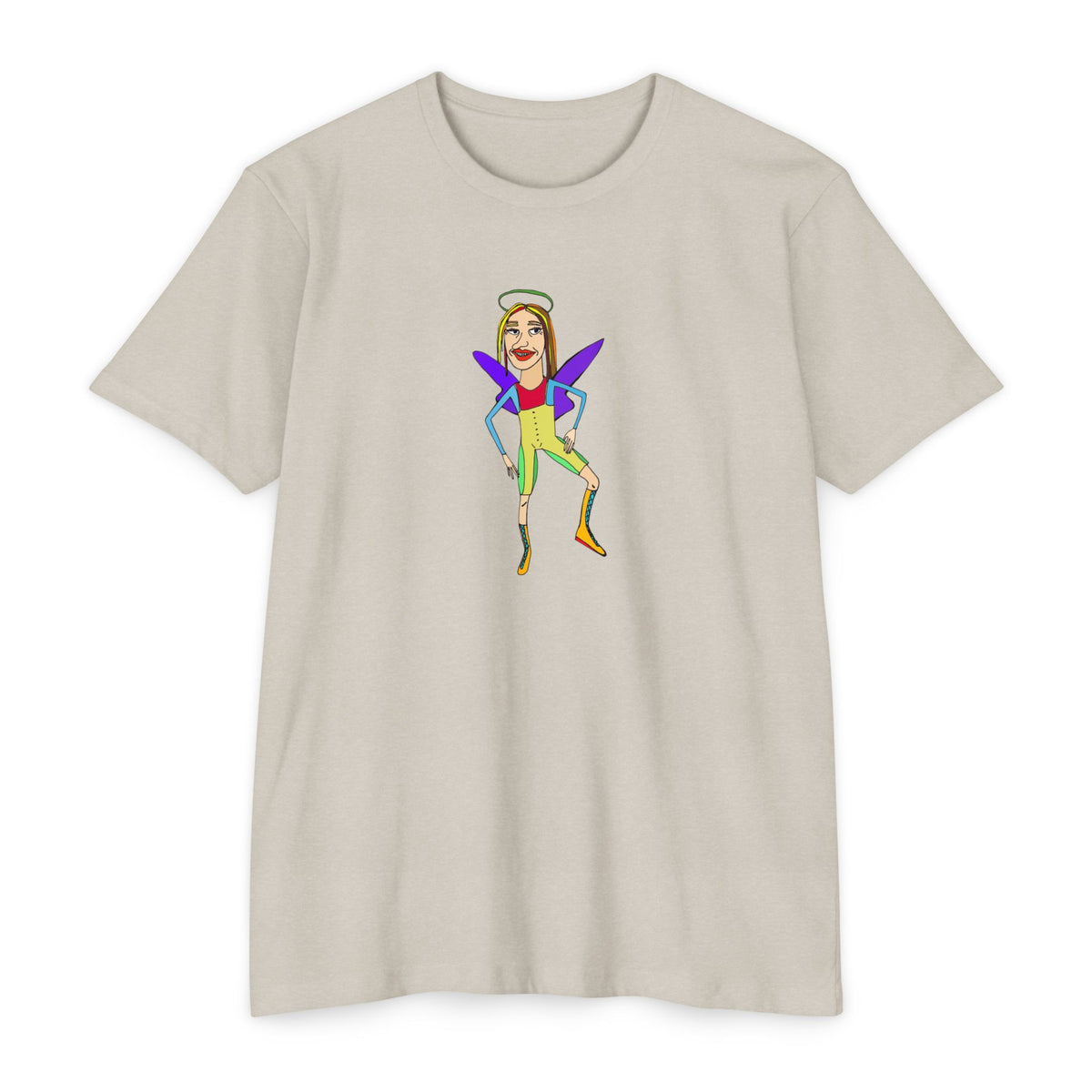 Angelic Sportsy graphic T-shirt in natural with colorful original angel character artwork, front view