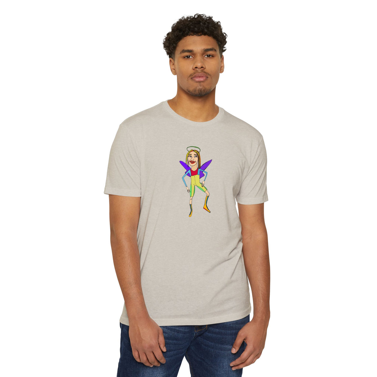 Man wearing the Angelic Sportsy graphic T-shirt in natural with colorful angel character artwork