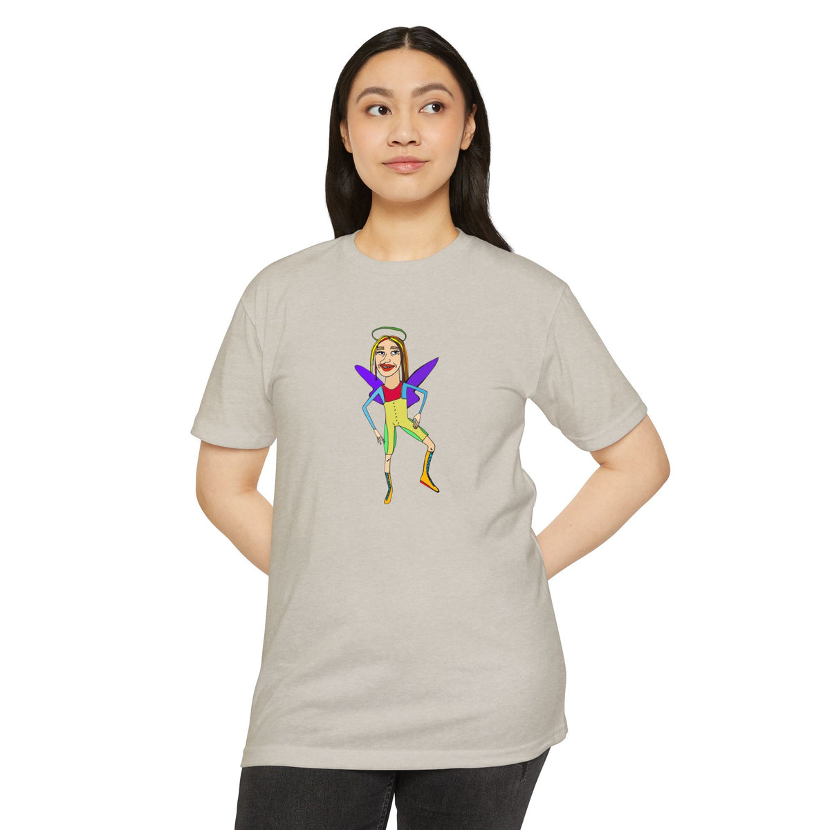 Woman wearing the Angelic Sportsy graphic T-shirt in natural with original illustrated angel design