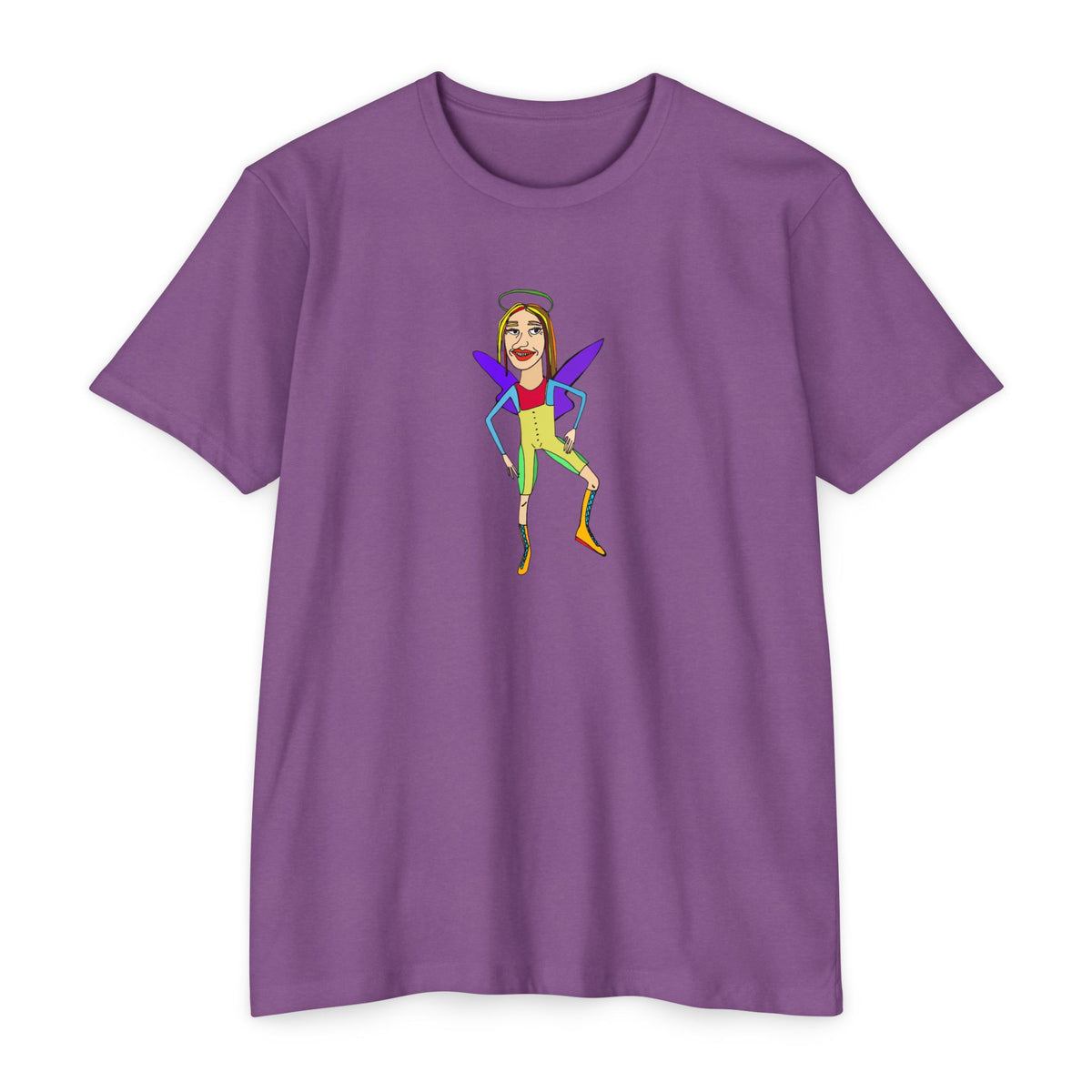 Angelic Sportsy graphic T-shirt in purple with colorful illustrated angel character design, front view