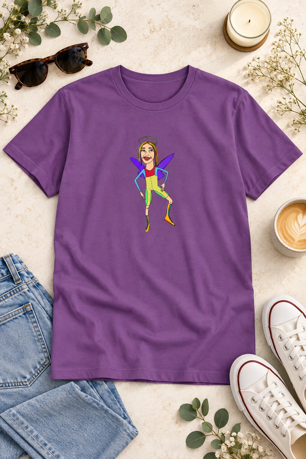 Gen Z woman wearing the Angelic Sportsy graphic T-shirt in purple in an urban street setting