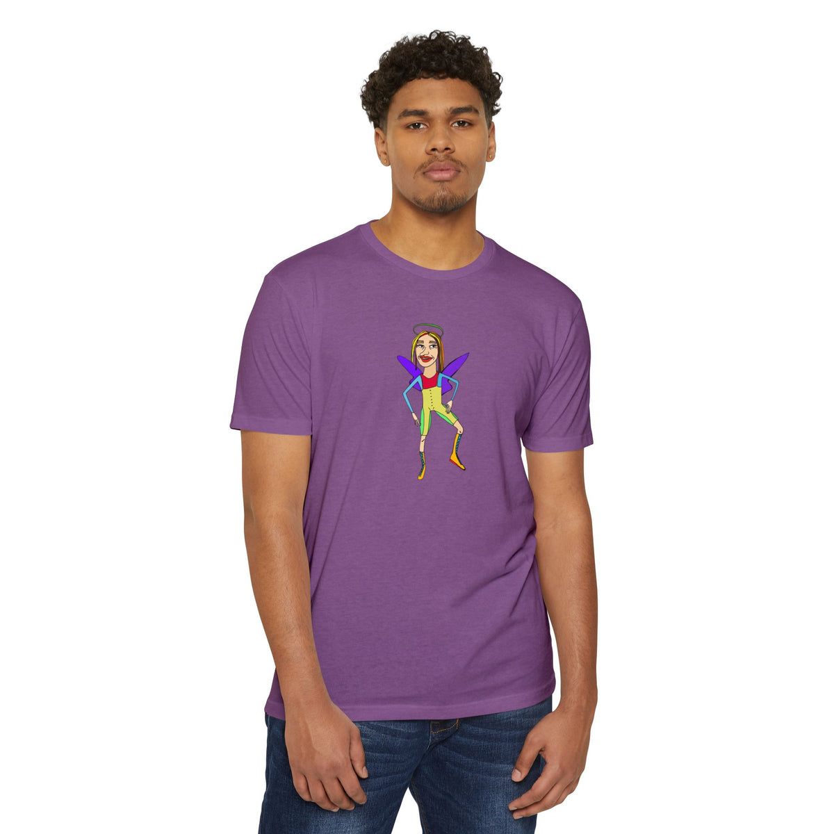 Man wearing the Angelic Sportsy graphic T-shirt in purple with illustrated angel character artwork