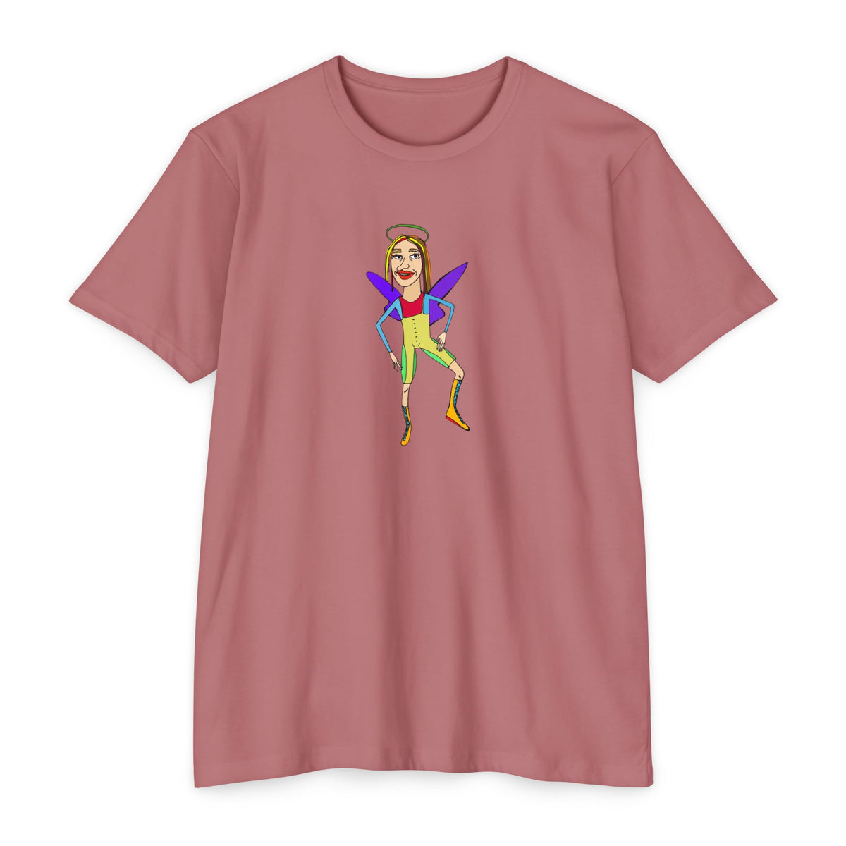 Angelic Sportsy graphic T-shirt in rose pink with colorful original angel character artwork, front view