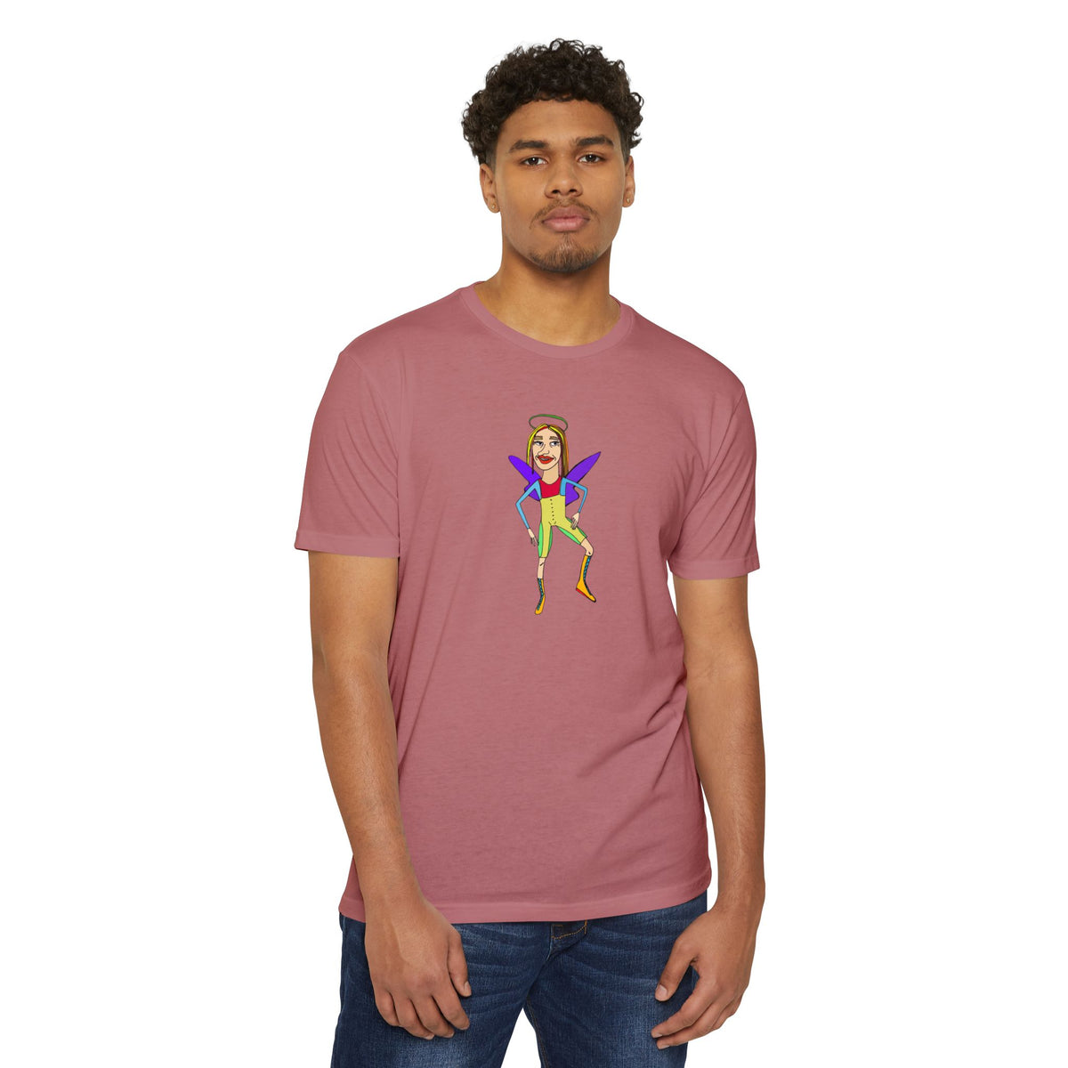 Man wearing the Angelic Sportsy graphic T-shirt in rose pink with colorful angel character artwork