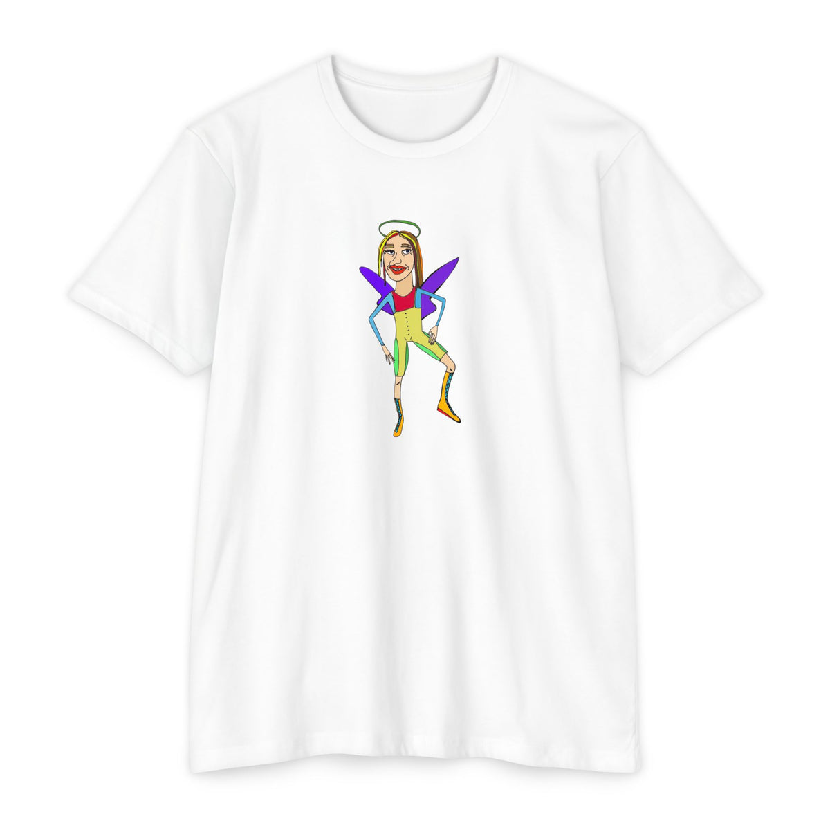 Angelic Sportsy graphic T-shirt in white featuring colorful original angel artwork, front view