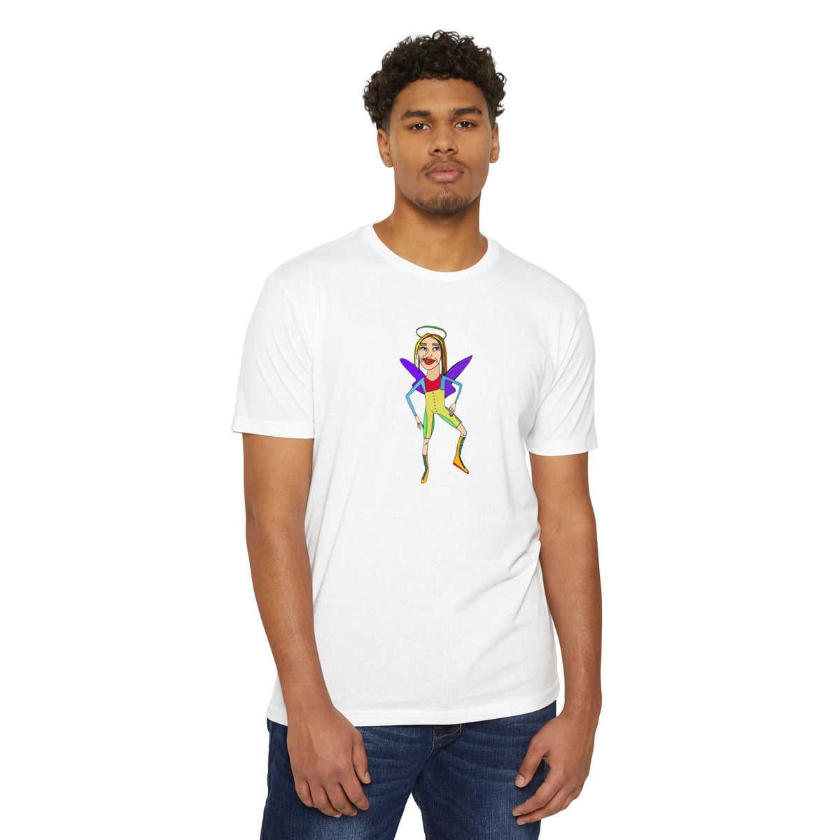Man wearing the Angelic Sportsy graphic T-shirt in white with colorful original angel character design