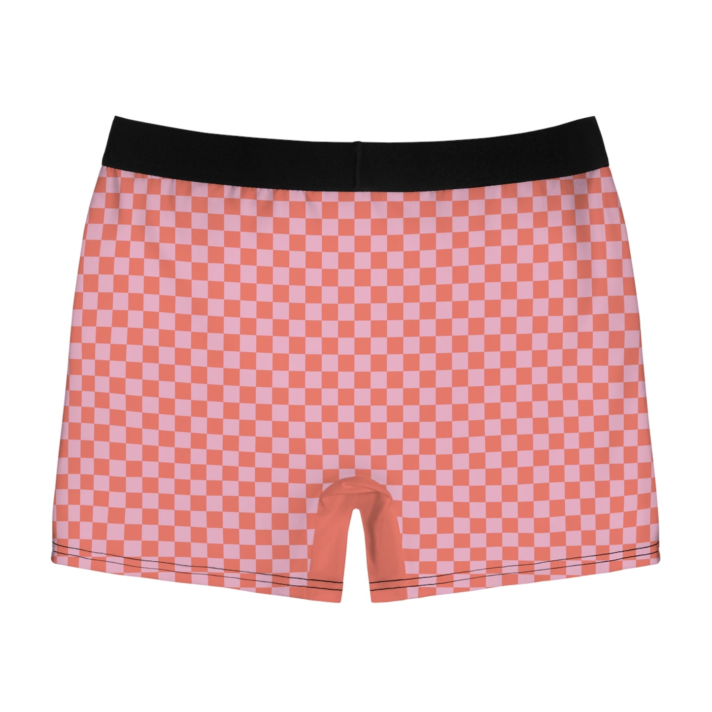 Back view of Tantrum Media AOC boxer briefs featuring a pink checkered pattern and black elastic waistband on a white background.