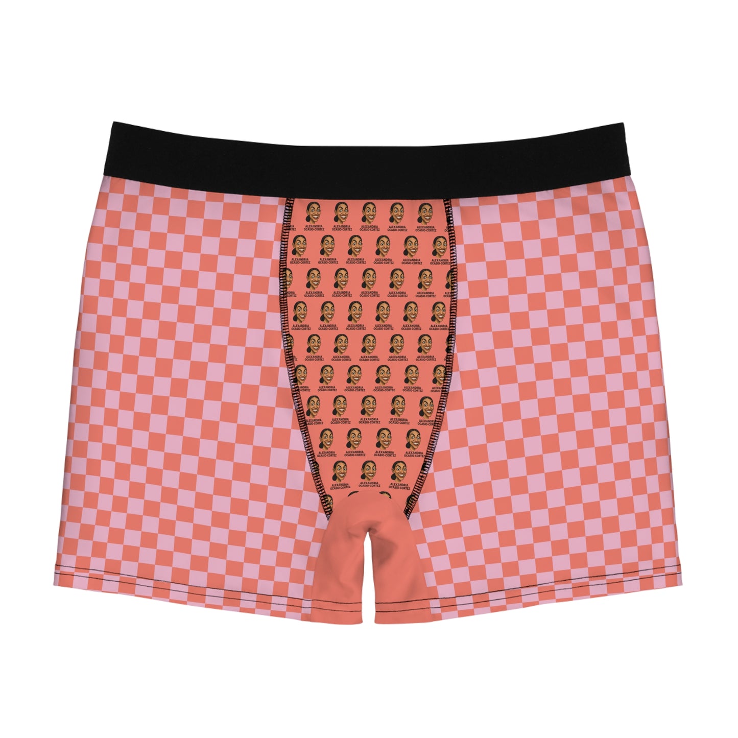 Front view of Tantrum Media AOC boxer briefs featuring a pink checkered pattern, black waistband, and all-over graphic print on a white background.