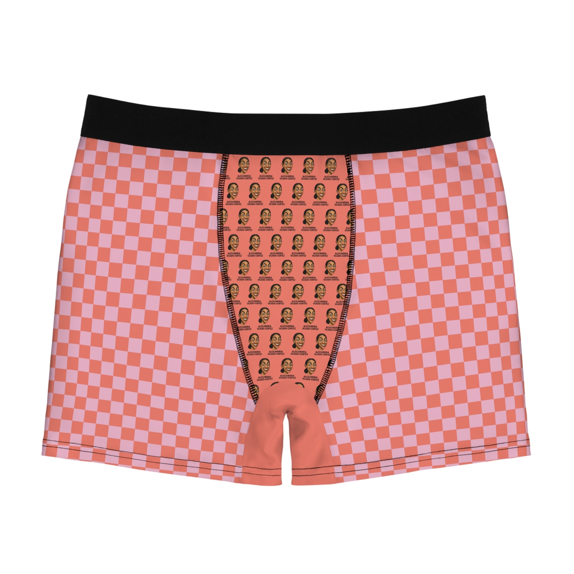 Front view of Tantrum Media AOC boxer briefs featuring a pink checkered pattern, black waistband, and all-over graphic print on a white background.