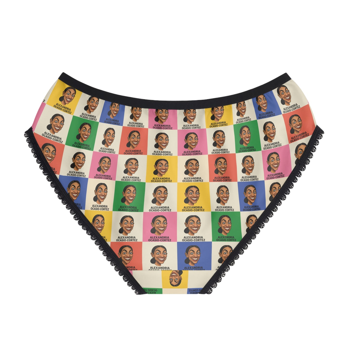 Front view of AOC Panties with vibrant all-over portrait artwork, colorful geometric pattern, and comfortable stretch fit.