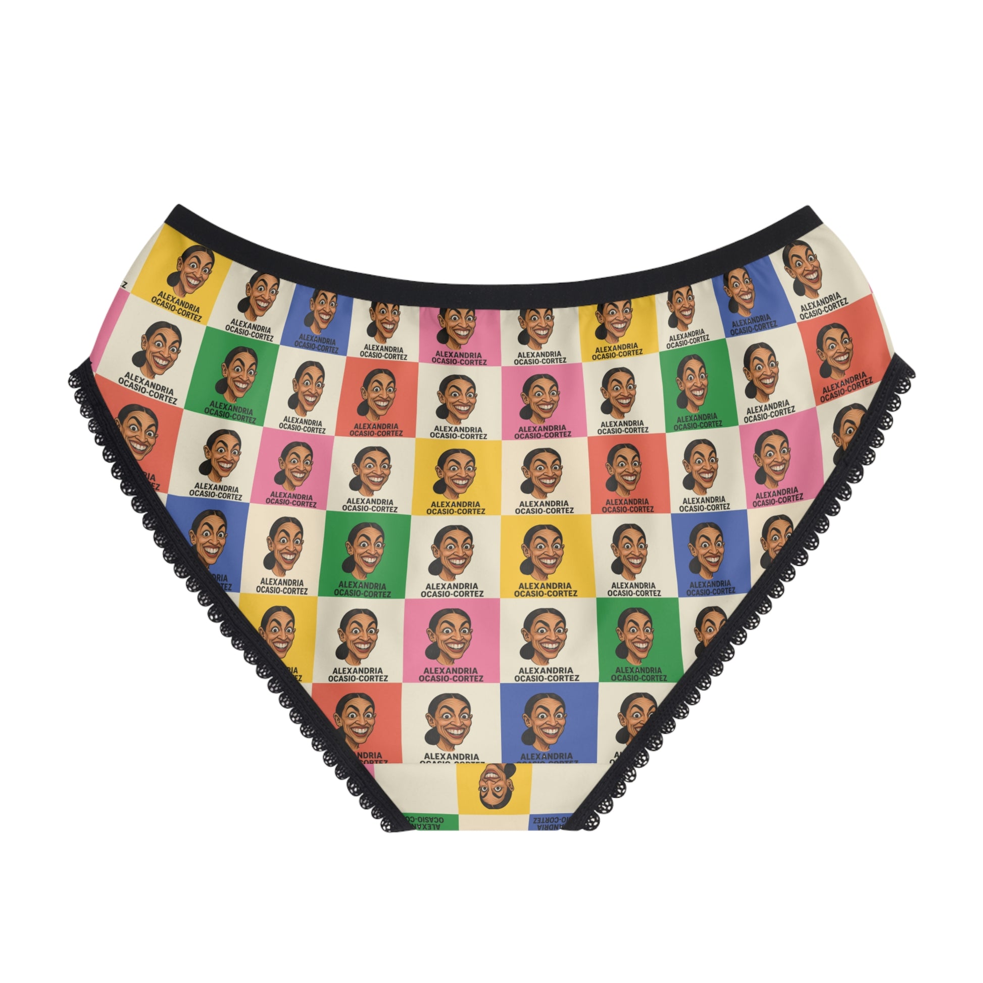 Front view of AOC Panties with vibrant all-over portrait artwork, colorful geometric pattern, and comfortable stretch fit.