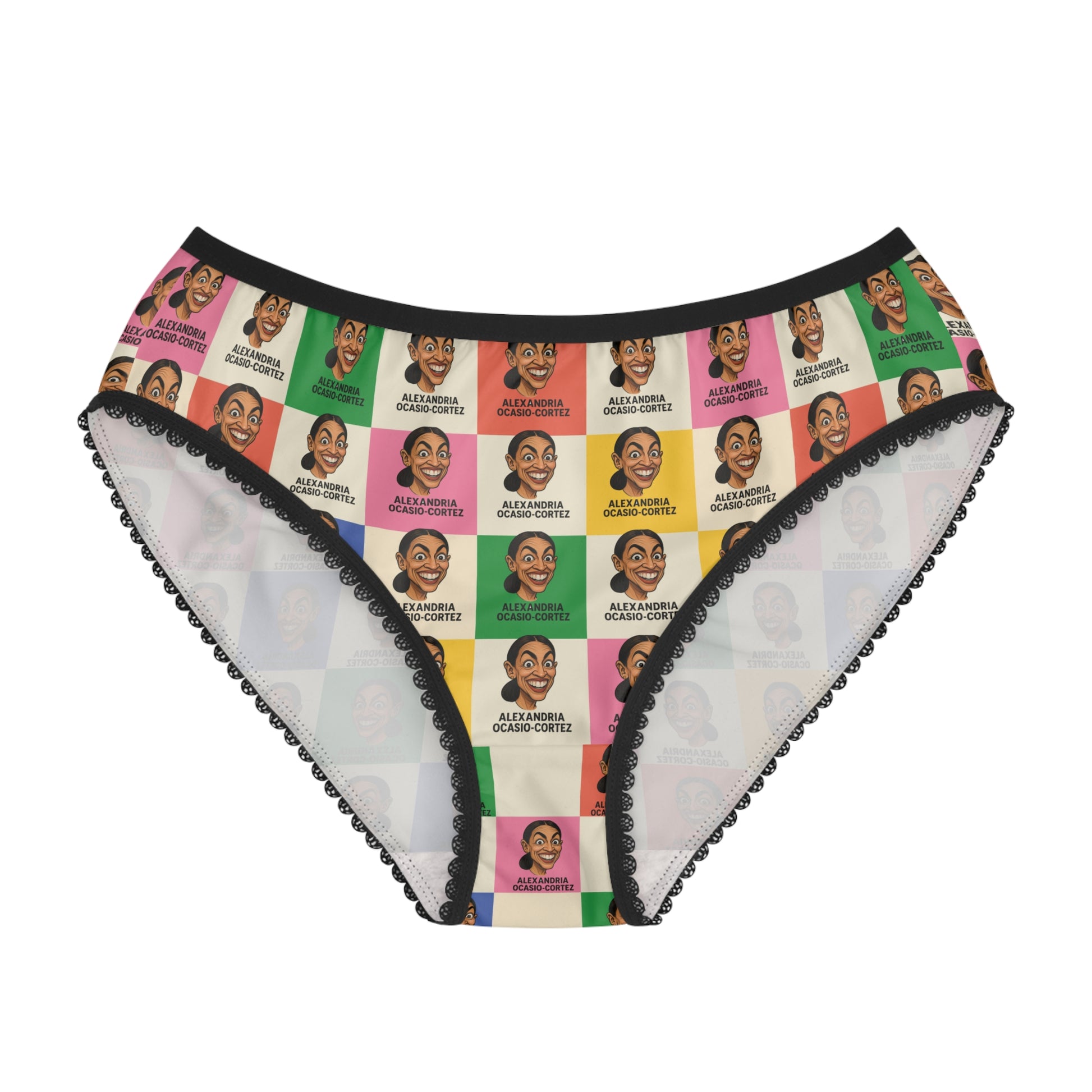 AOC Panties featuring a colorful all-over pop art portrait print, black waistband, and soft stretch women's brief design.
