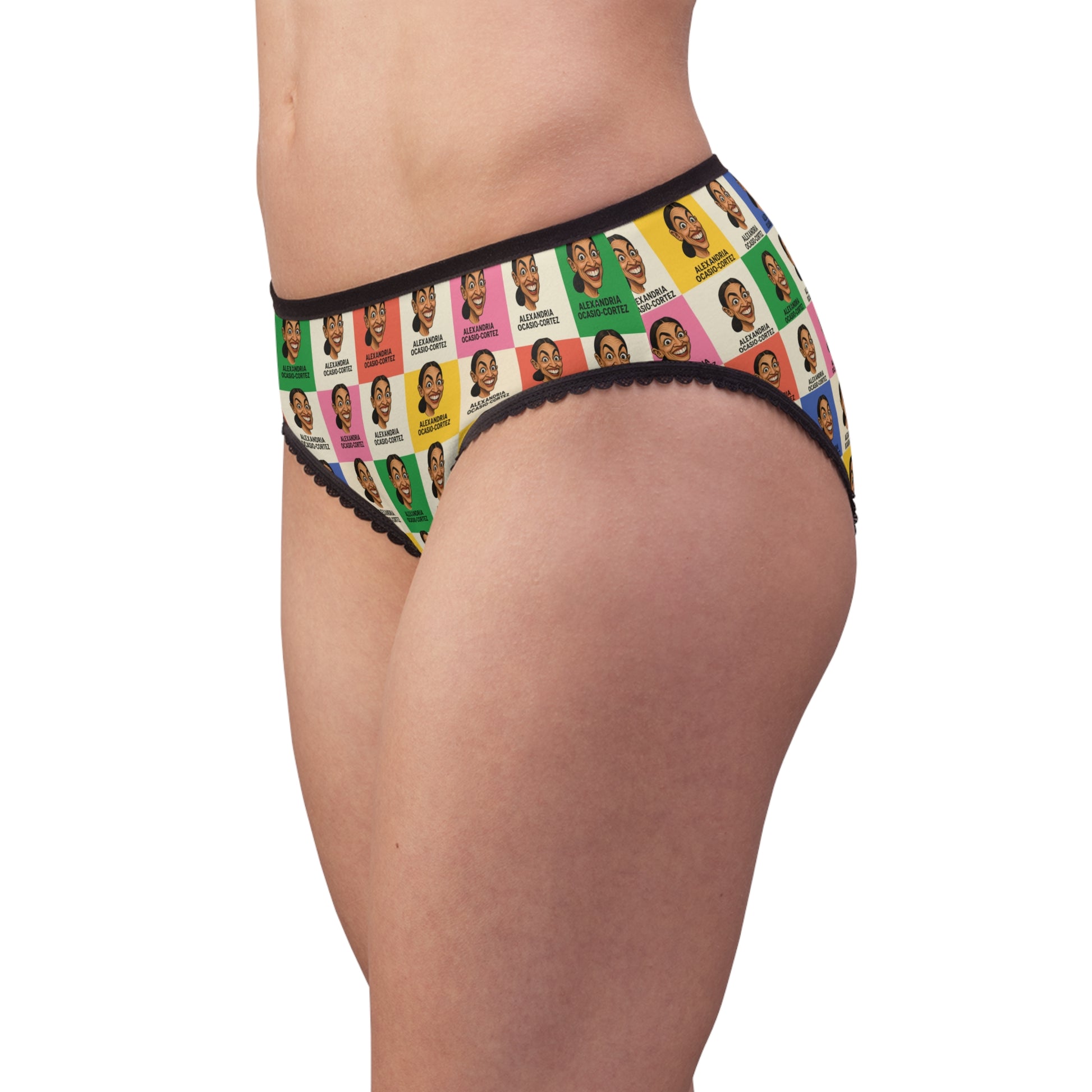 Side view of AOC Panties showing colorful all-over artwork, black trim, and comfortable stretch fit.