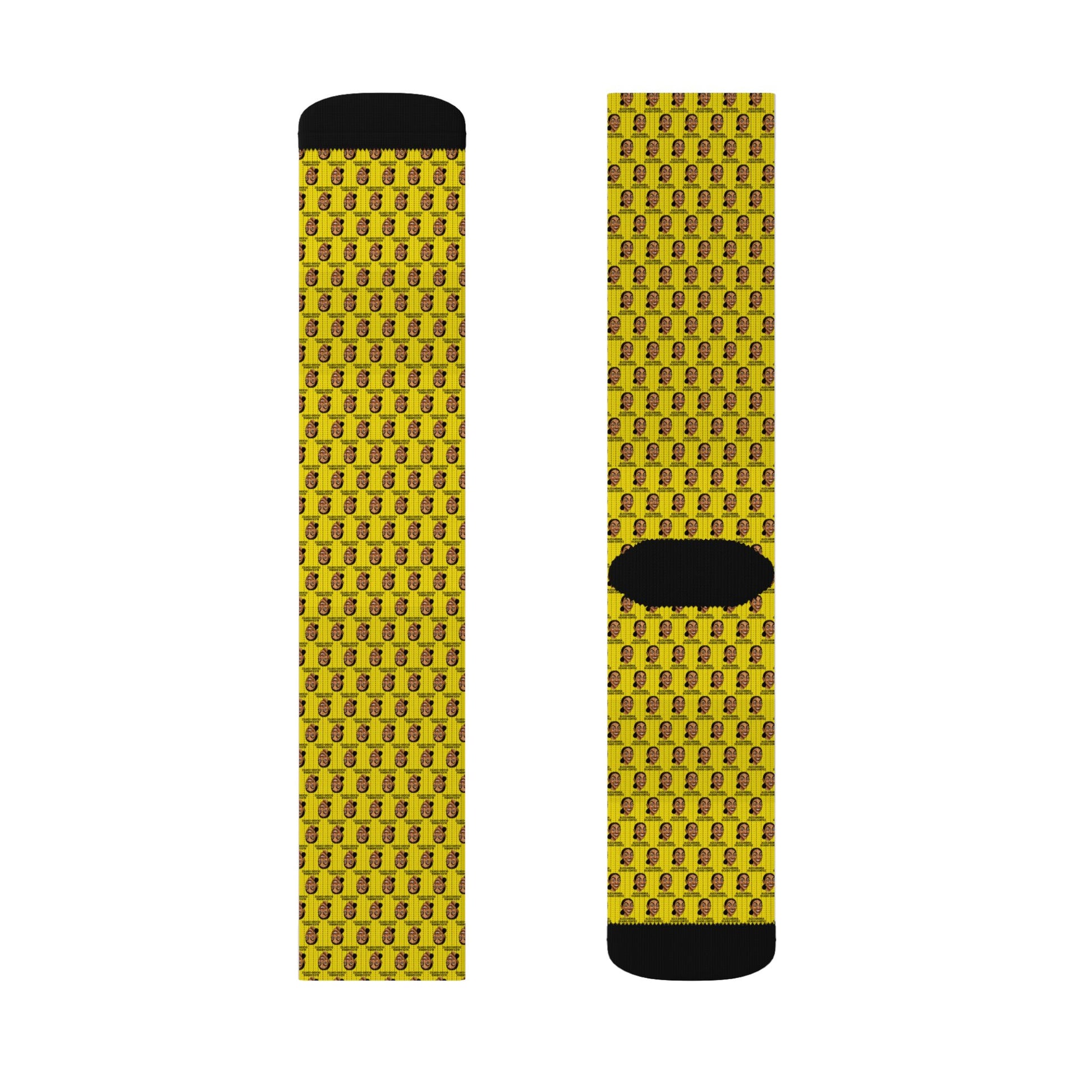 Full-length display of yellow AOC crew socks showing the repeating Alexandria Ocasio-Cortez artwork pattern from multiple angles.